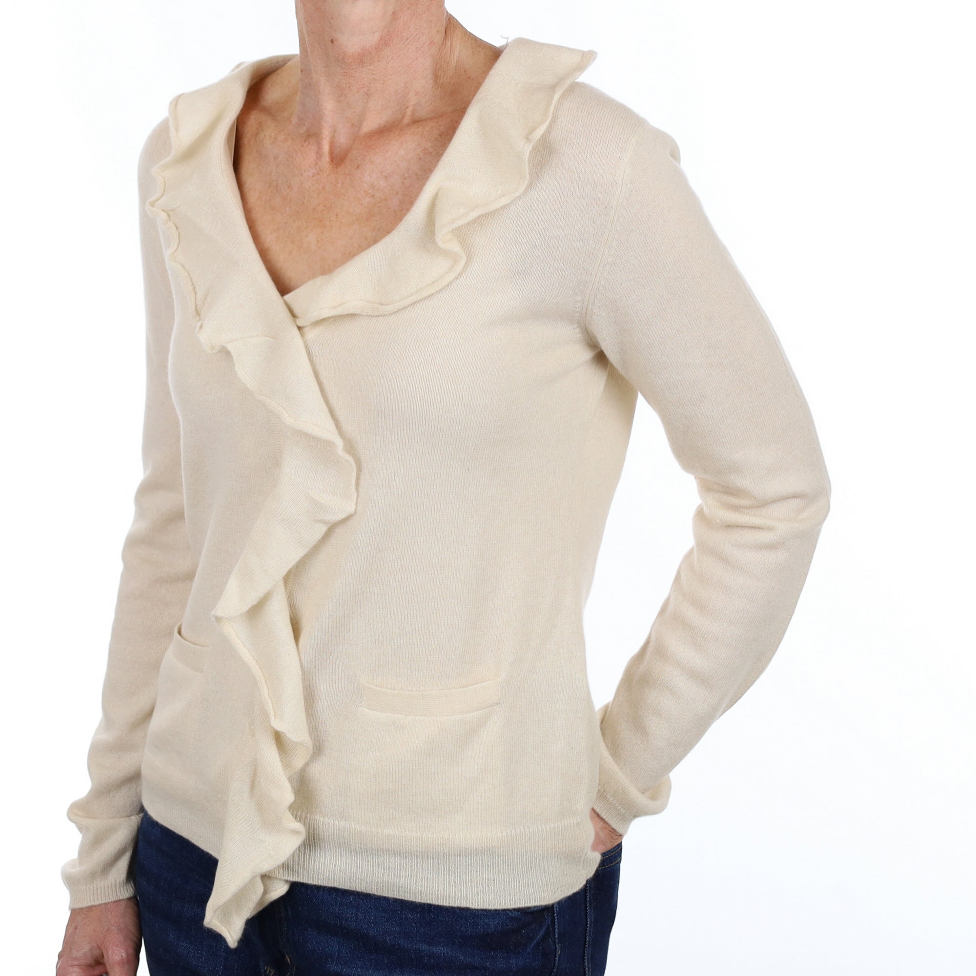 Vanilla Cream Cashmere Ruffle V Neck Cardigan Small