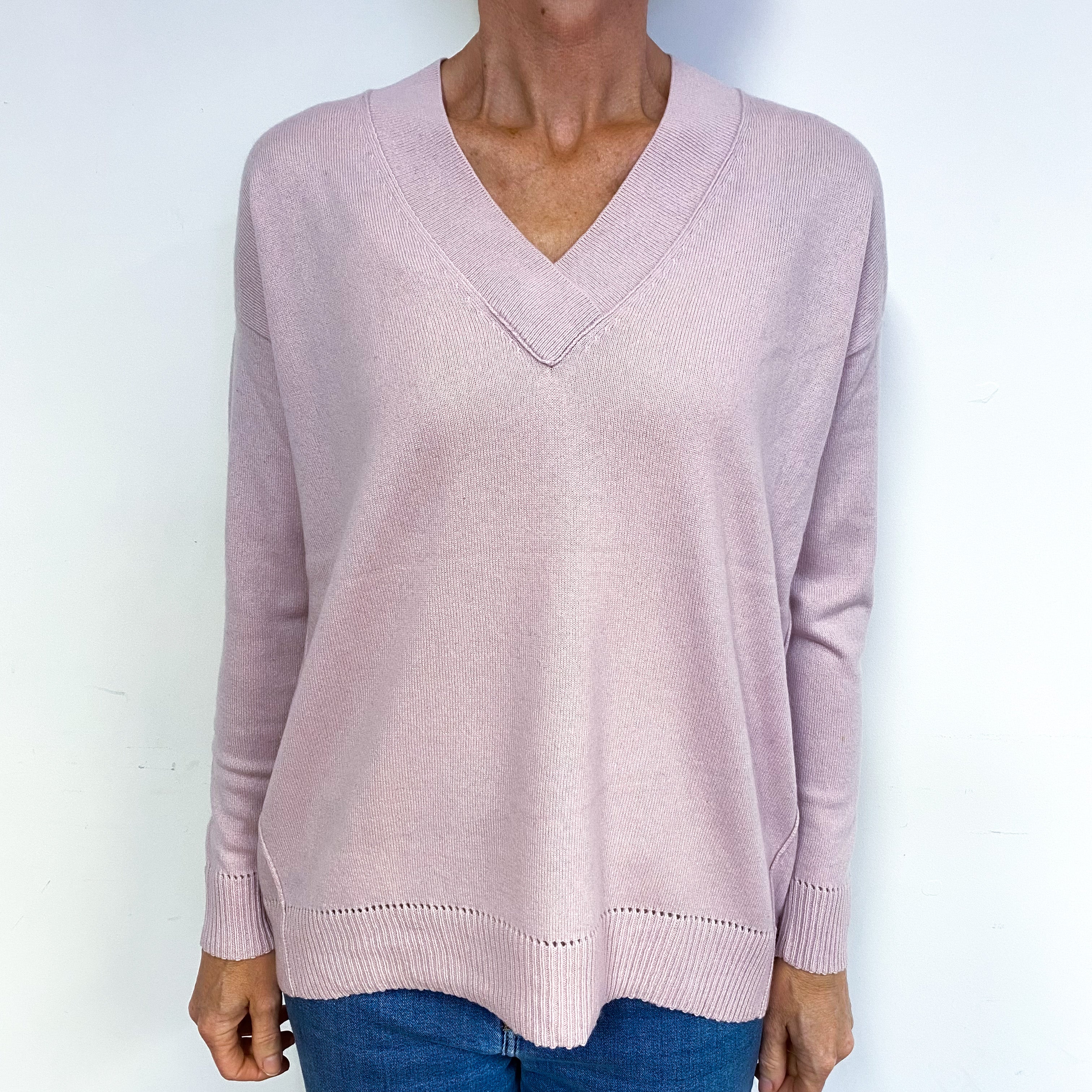 Pale Mauve Pink Cashmere V-Neck Jumper Medium
