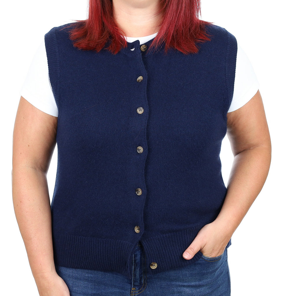 Brand New Navy Luxury Cashmere Crew Neck Waistcoat Large UK 16-18