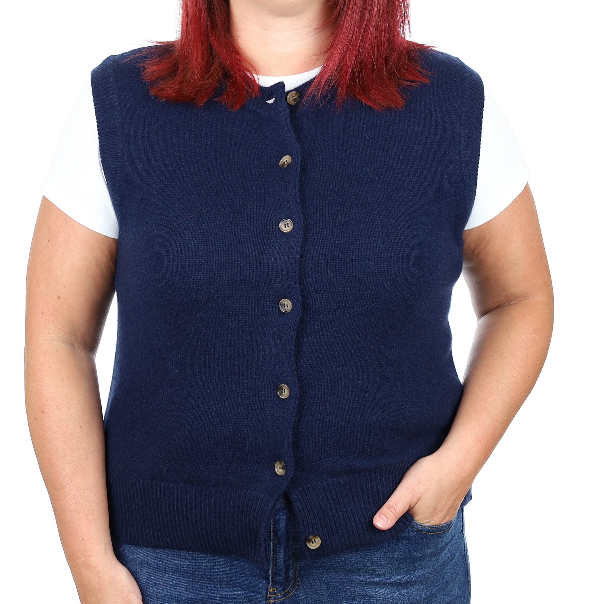 Brand New Navy Luxury Cashmere Crew Neck Waistcoat Large UK 16-18