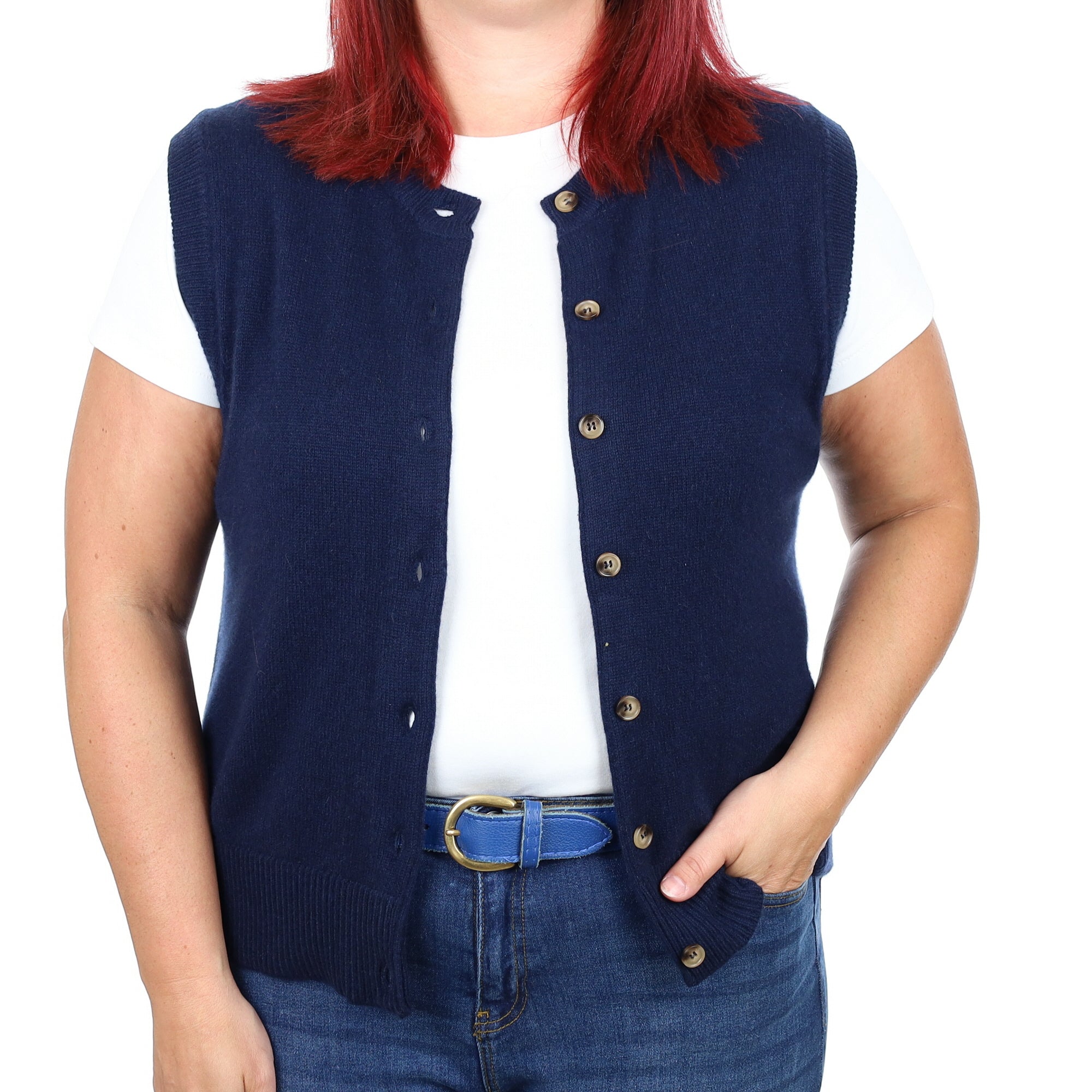 Brand New Navy Luxury Cashmere Crew Neck Waistcoat Large UK 16-18