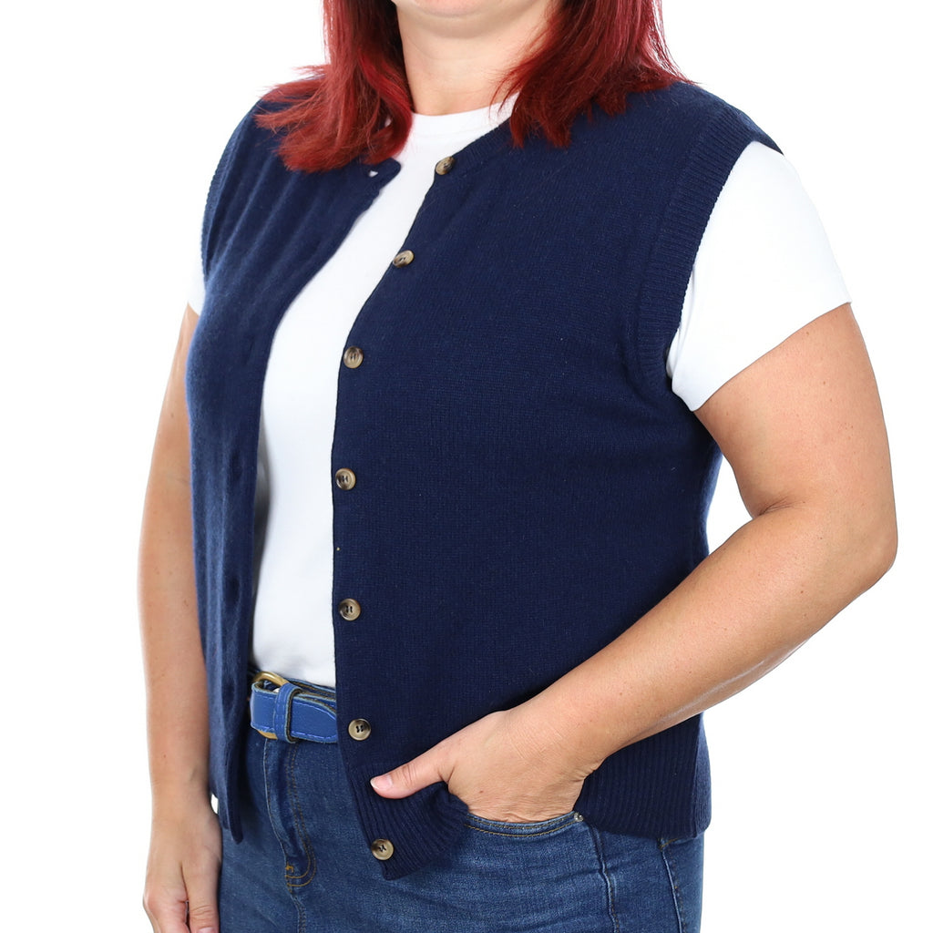 Brand New Navy Luxury Cashmere Crew Neck Waistcoat Large UK 16-18