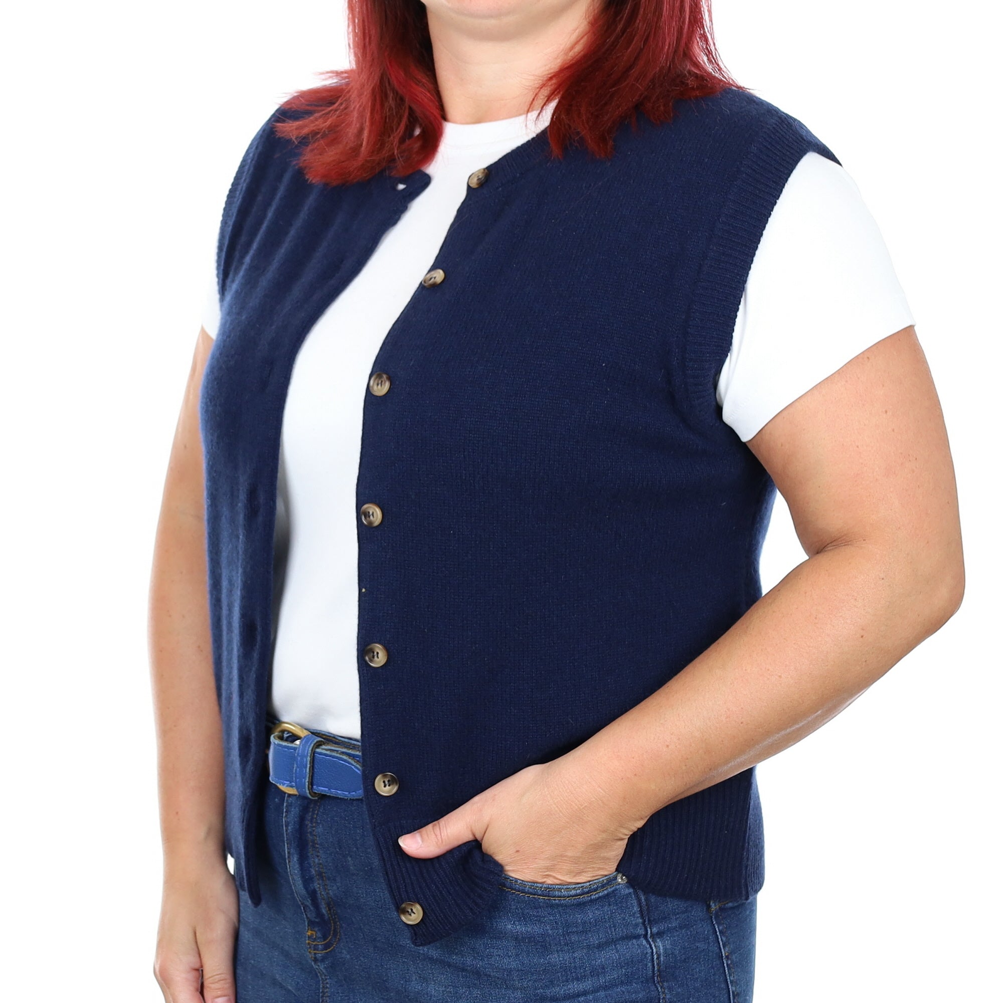 Brand New Navy Luxury Cashmere Crew Neck Waistcoat Large UK 16-18