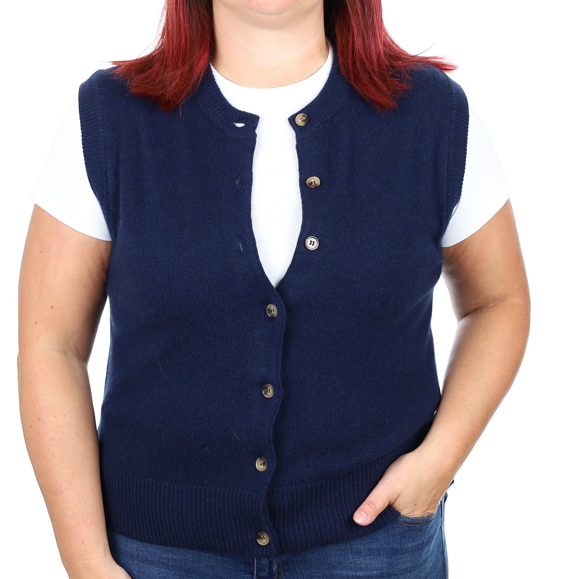 Brand New Navy Luxury Cashmere Crew Neck Waistcoat Large UK 16-18
