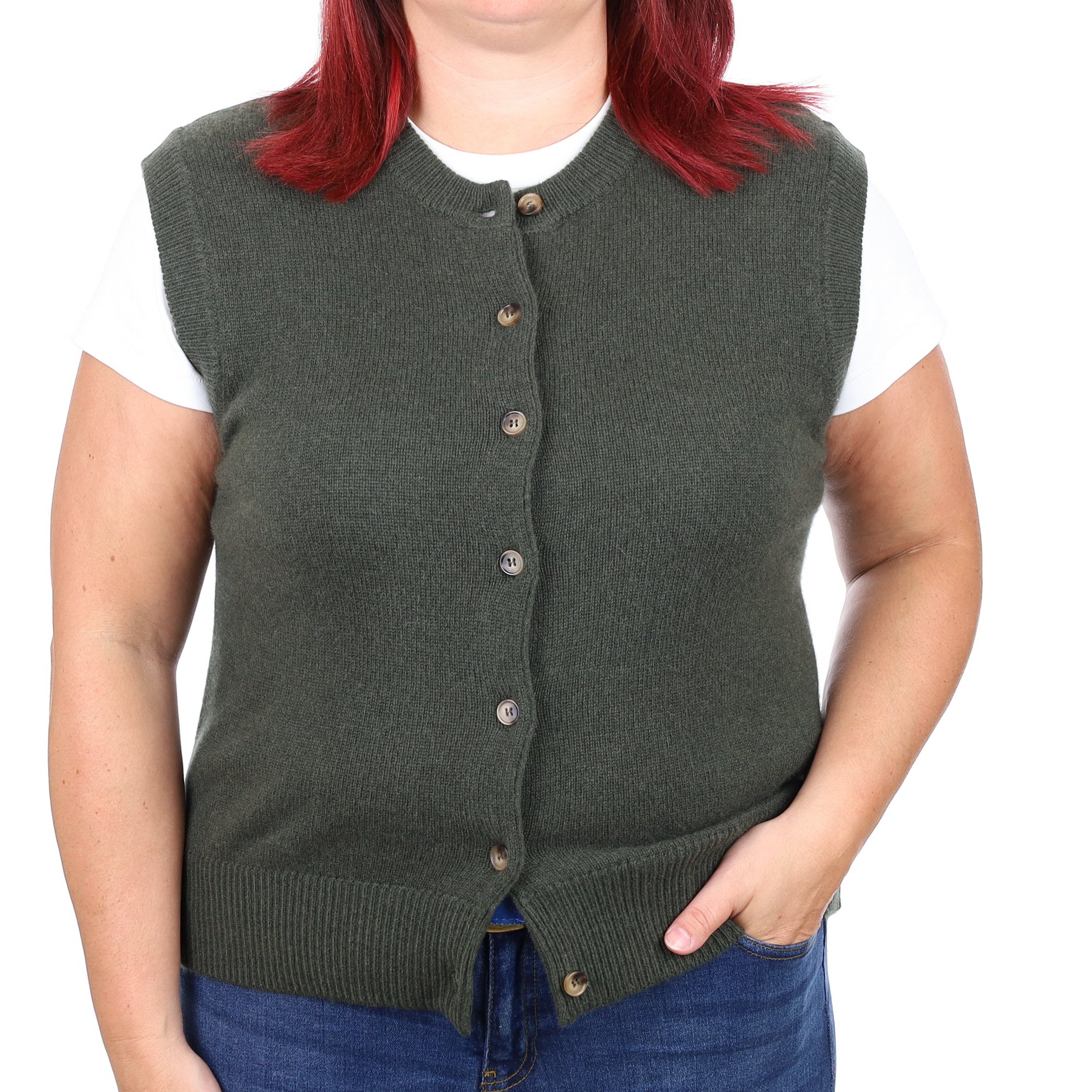 Brand New Khaki Luxury Cashmere Crew Neck Waistcoat Large UK 16-18