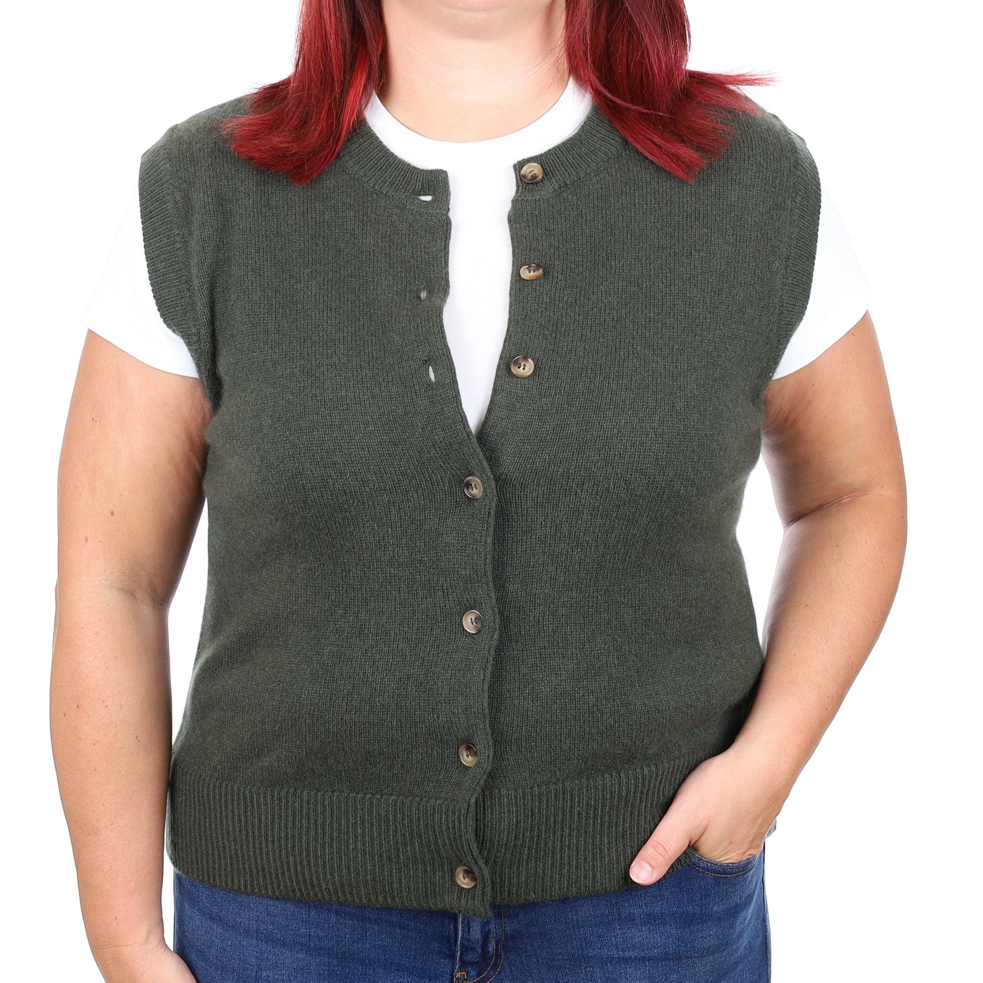 Brand New Khaki Luxury Cashmere Crew Neck Waistcoat Large UK 16-18