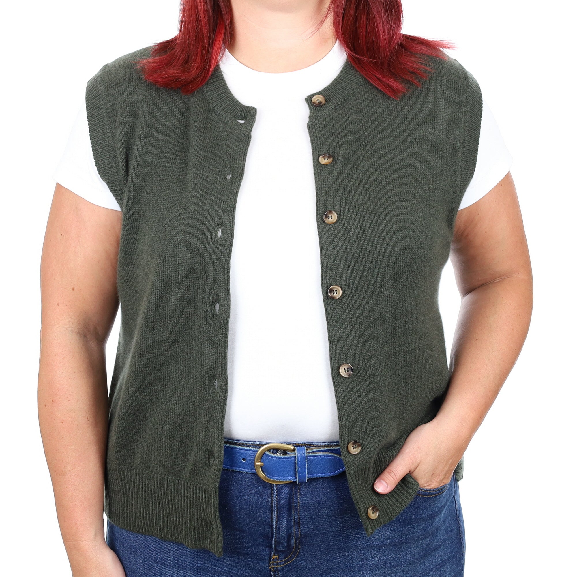 Brand New Khaki Luxury Cashmere Crew Neck Waistcoat Large UK 16-18