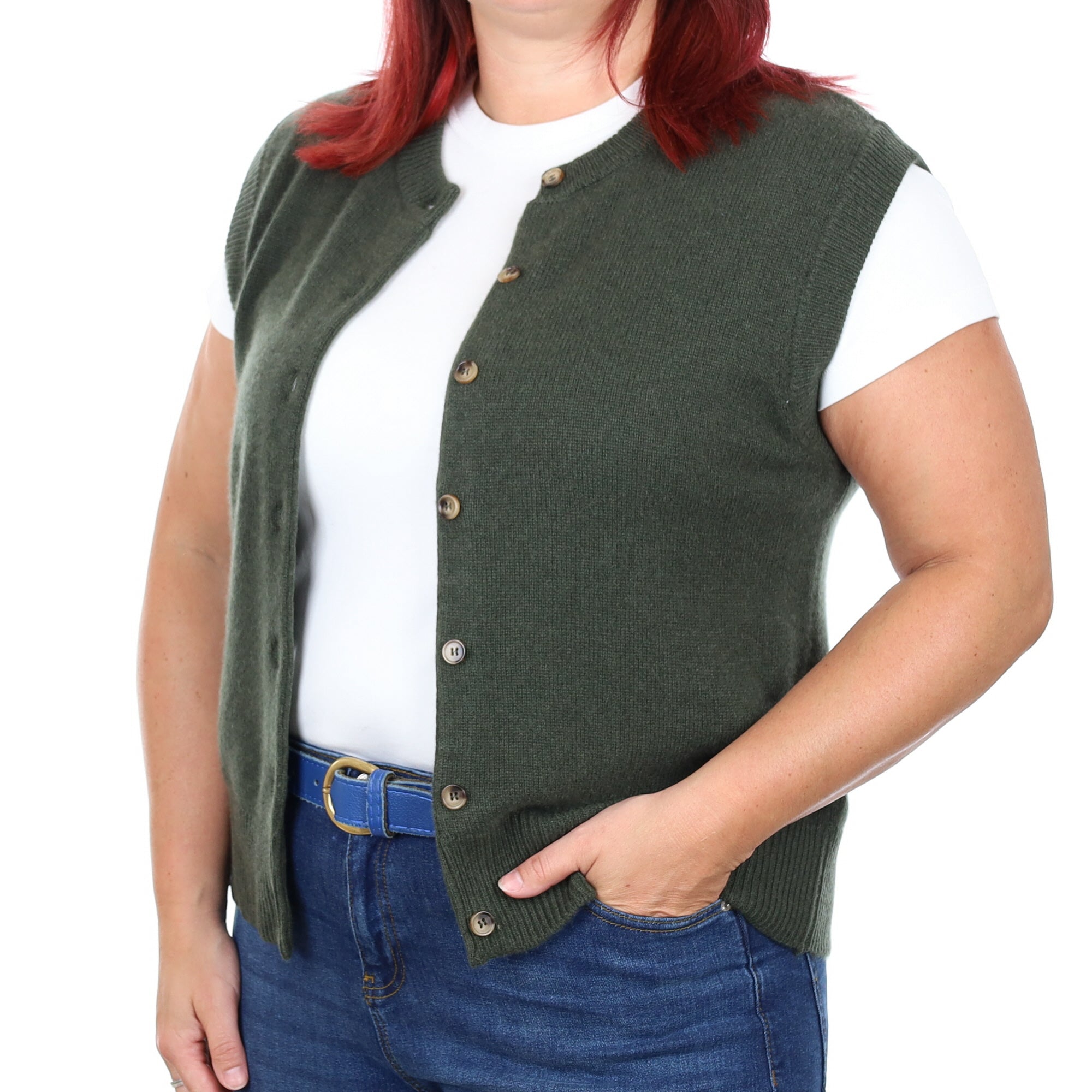 Brand New Khaki Luxury Cashmere Crew Neck Waistcoat Large UK 16-18