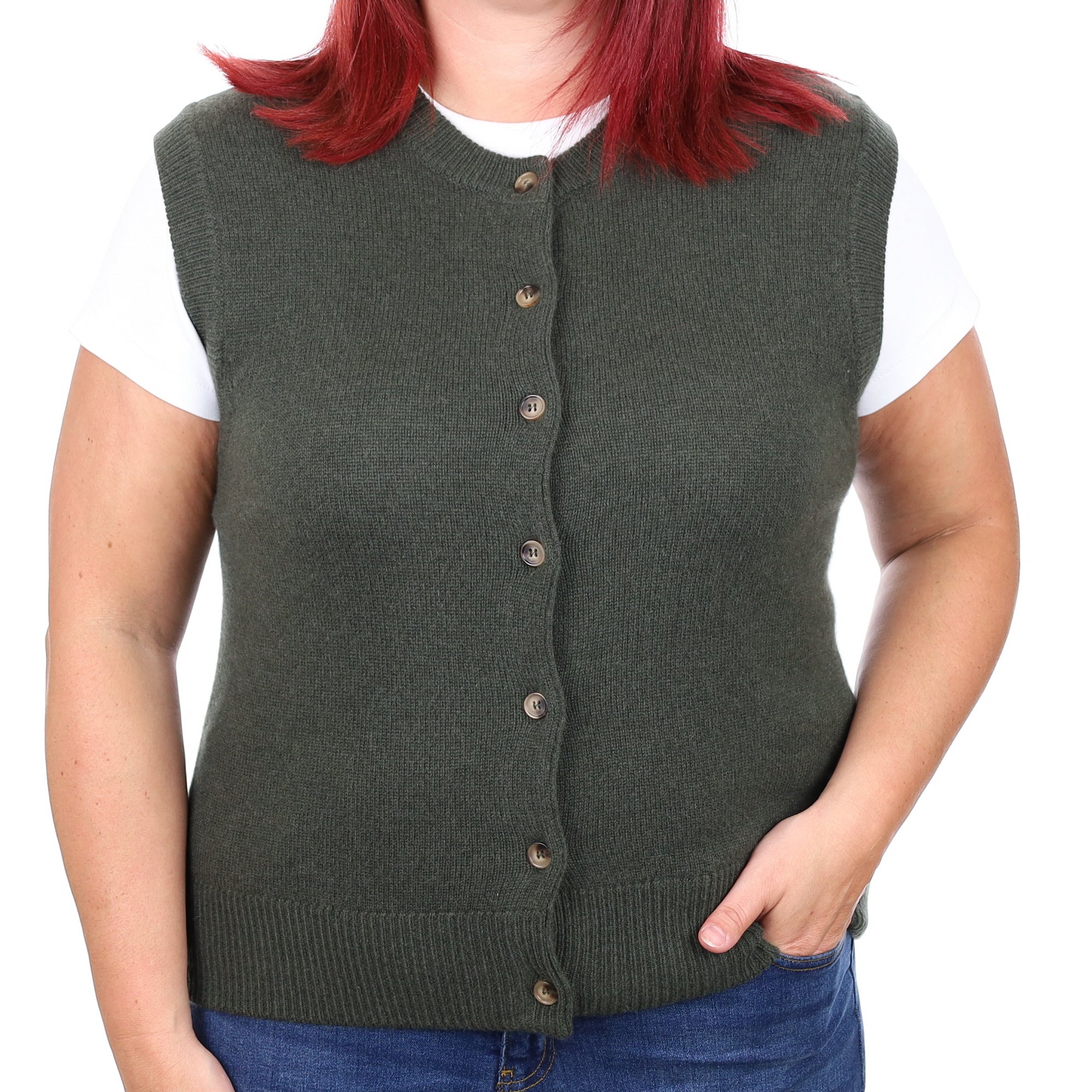 Brand New Khaki Luxury Cashmere Crew Neck Waistcoat Large UK 16-18