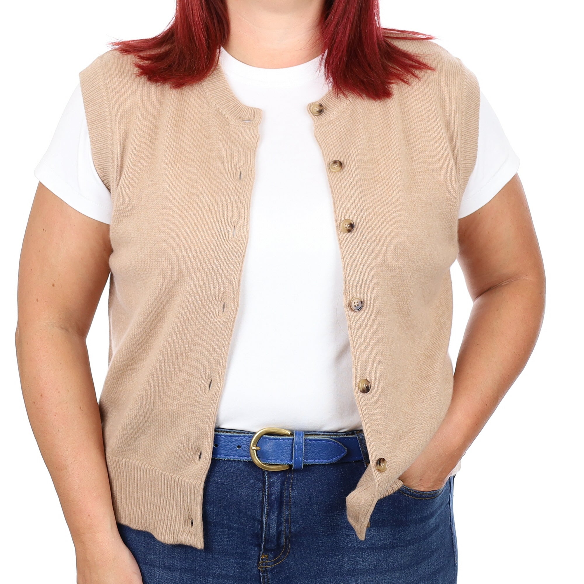 Brand New Caramel Luxury Cashmere Crew Neck Waistcoat Large UK 16-18