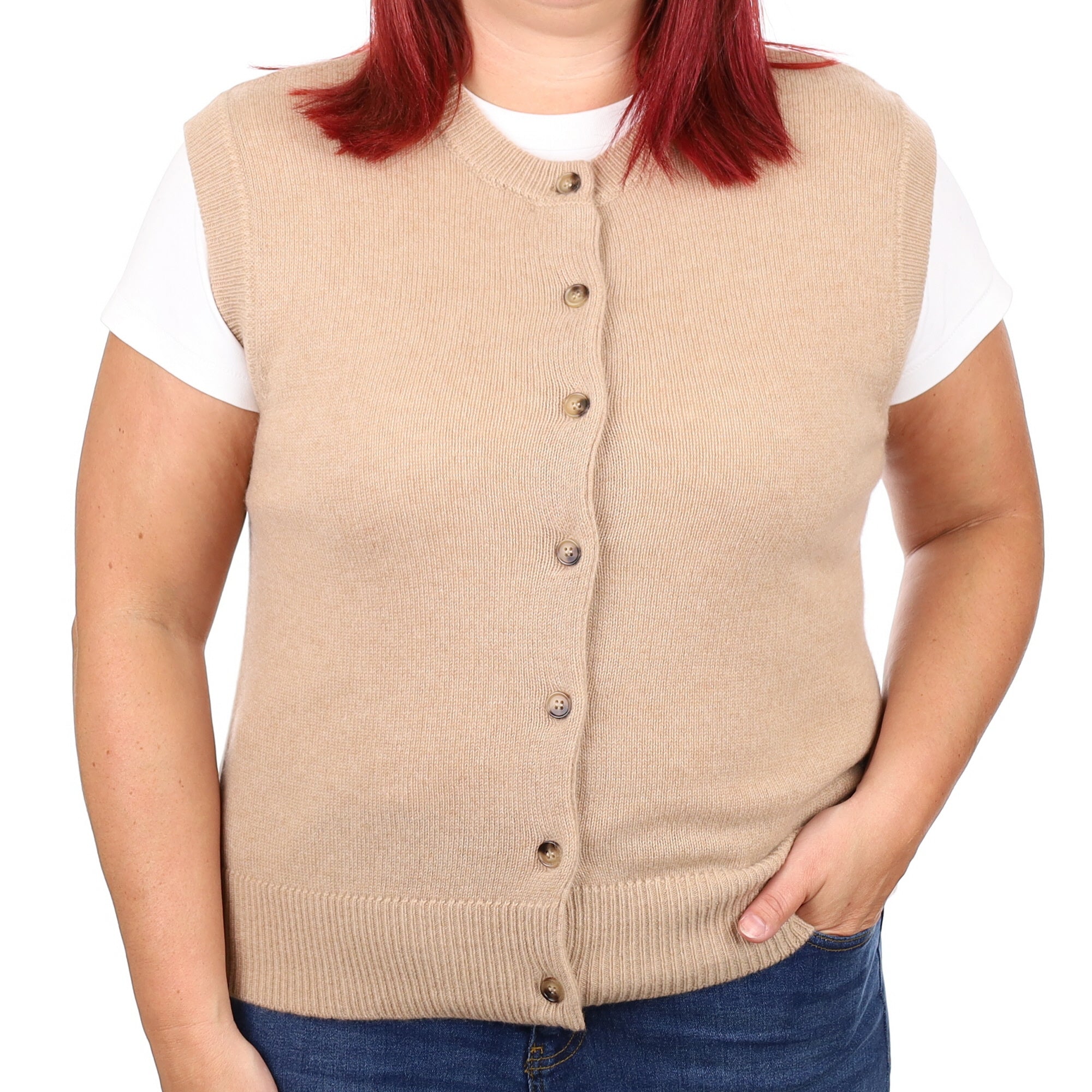 Brand New Caramel Luxury Cashmere Crew Neck Waistcoat Large UK 16-18
