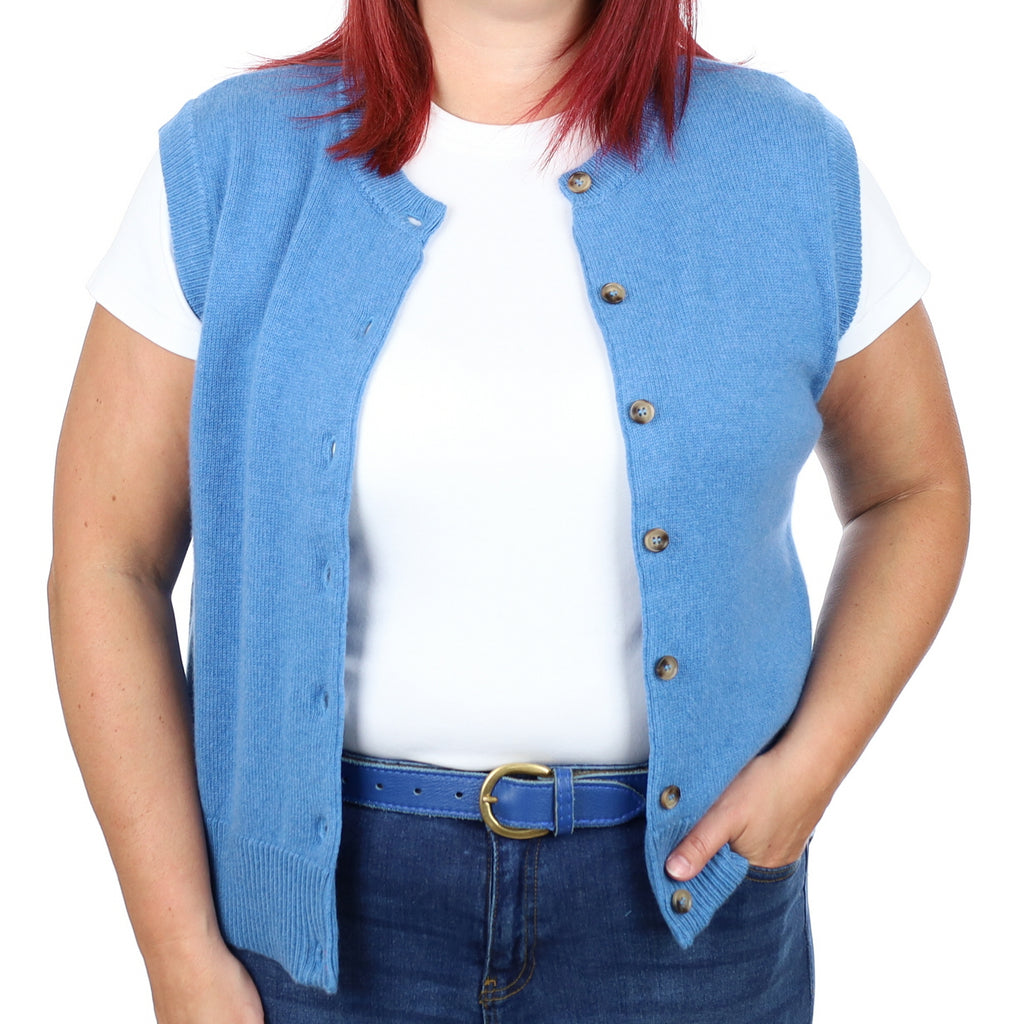 Brand New Mediterranean Blue Luxury Cashmere Crew Neck Waistcoat Large UK 16-18