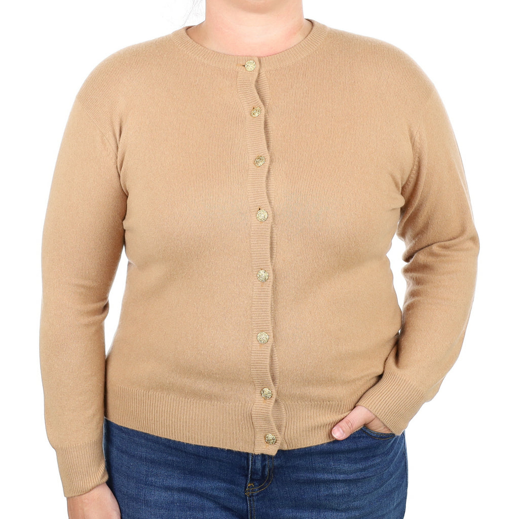 Honey Brown Cashmere Crew Neck Cardigan Large