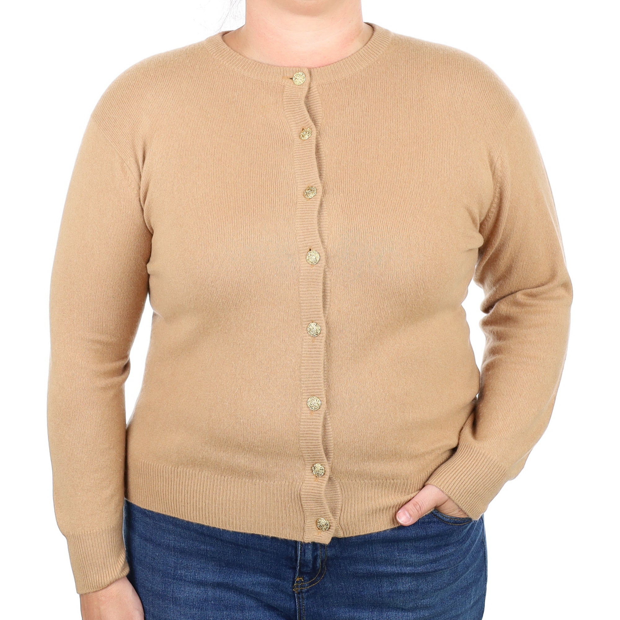 Honey Brown Cashmere Crew Neck Cardigan Large