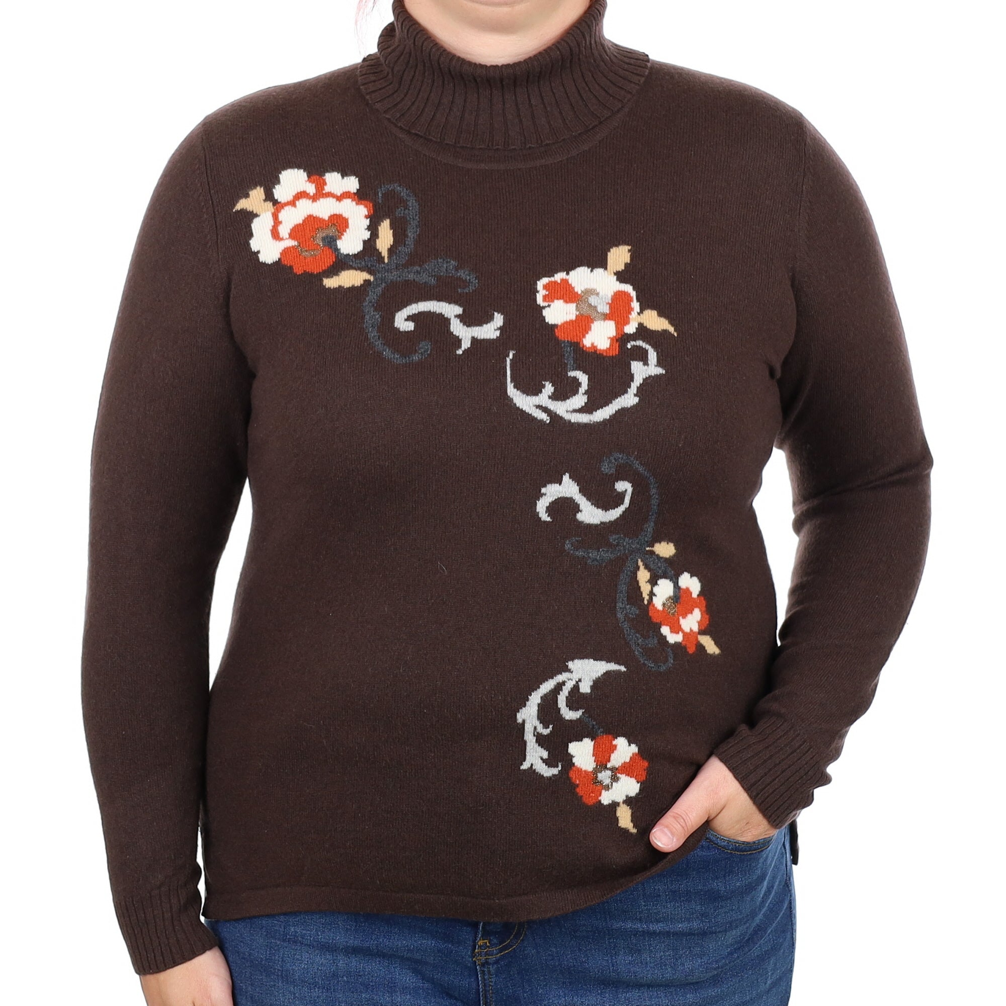 Dark Chocolate Brown And Flower Pattern Cashmere Polo Neck Jumper Large
