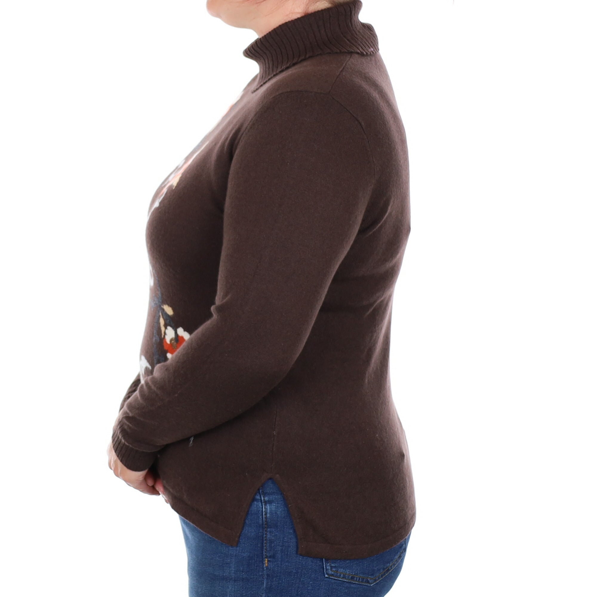 Dark Chocolate Brown And Flower Pattern Cashmere Polo Neck Jumper Large