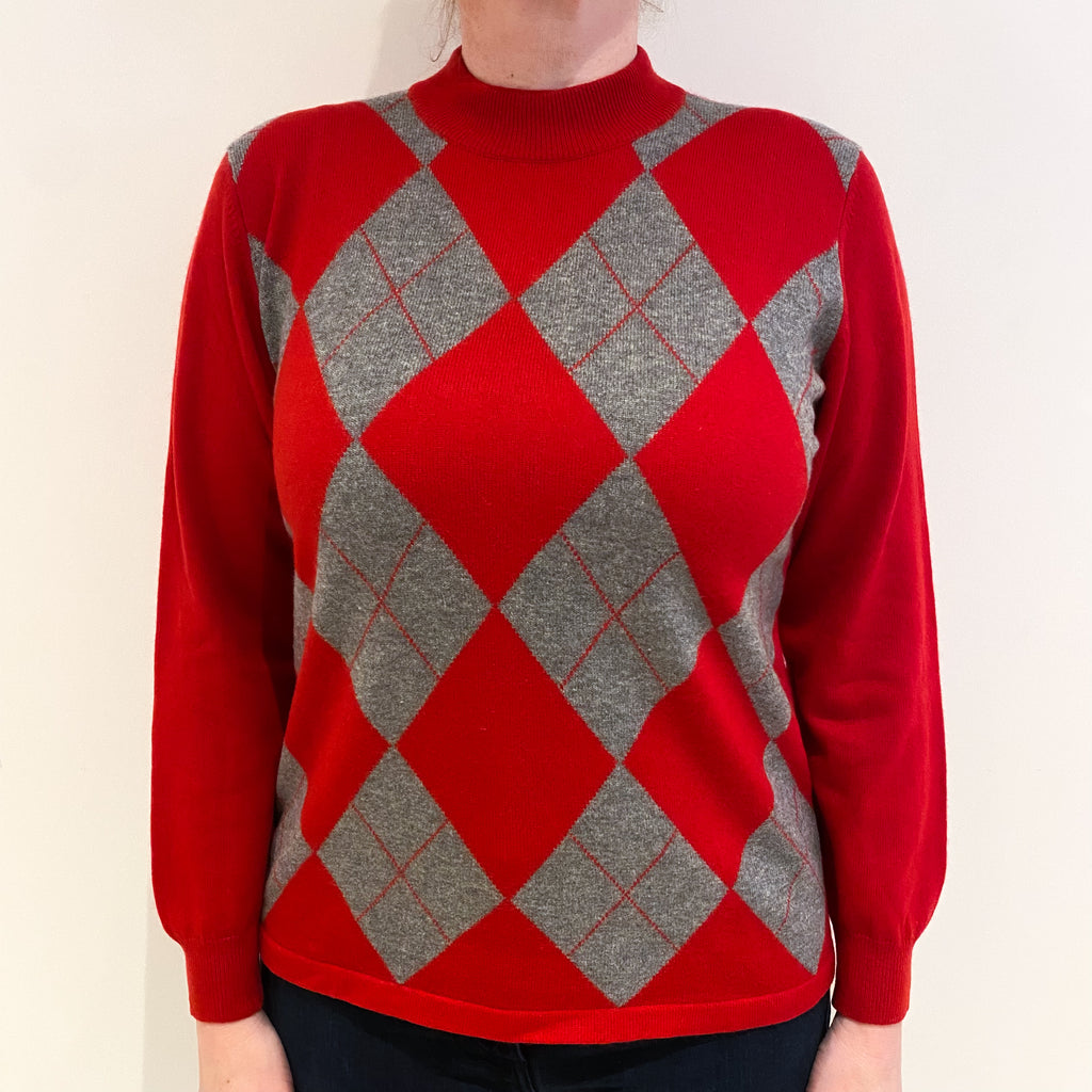 Scarlet Red and Grey Argyle Pattern Cashmere Turtle Neck Jumper Large