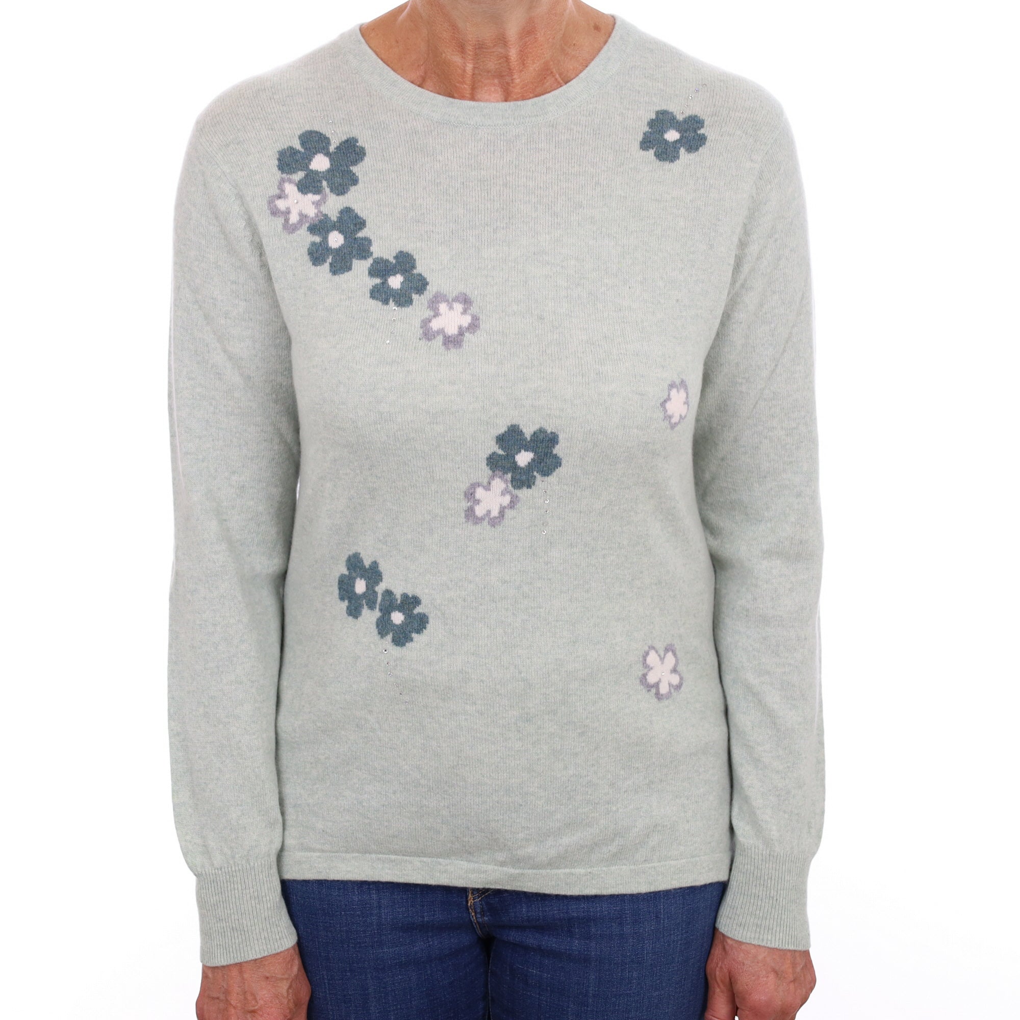 Chicory Green Floral Cashmere Crew Neck Jumper Medium