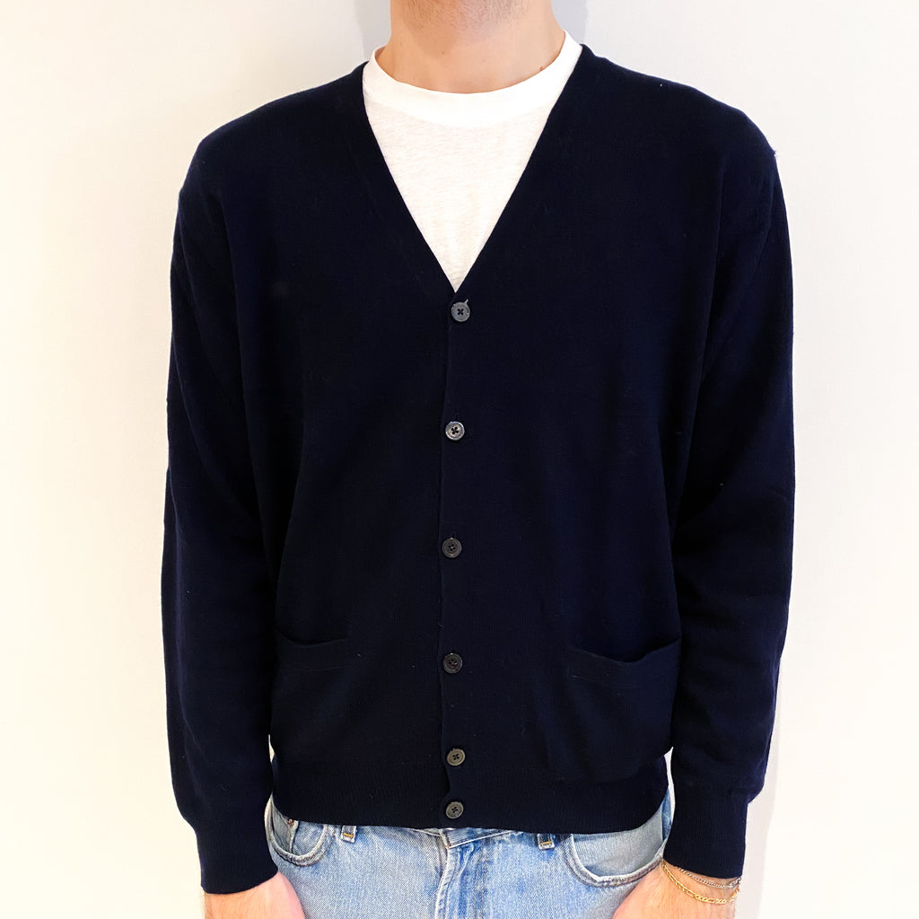 Men's Navy Blue Cashmere V Neck Cardigan Medium