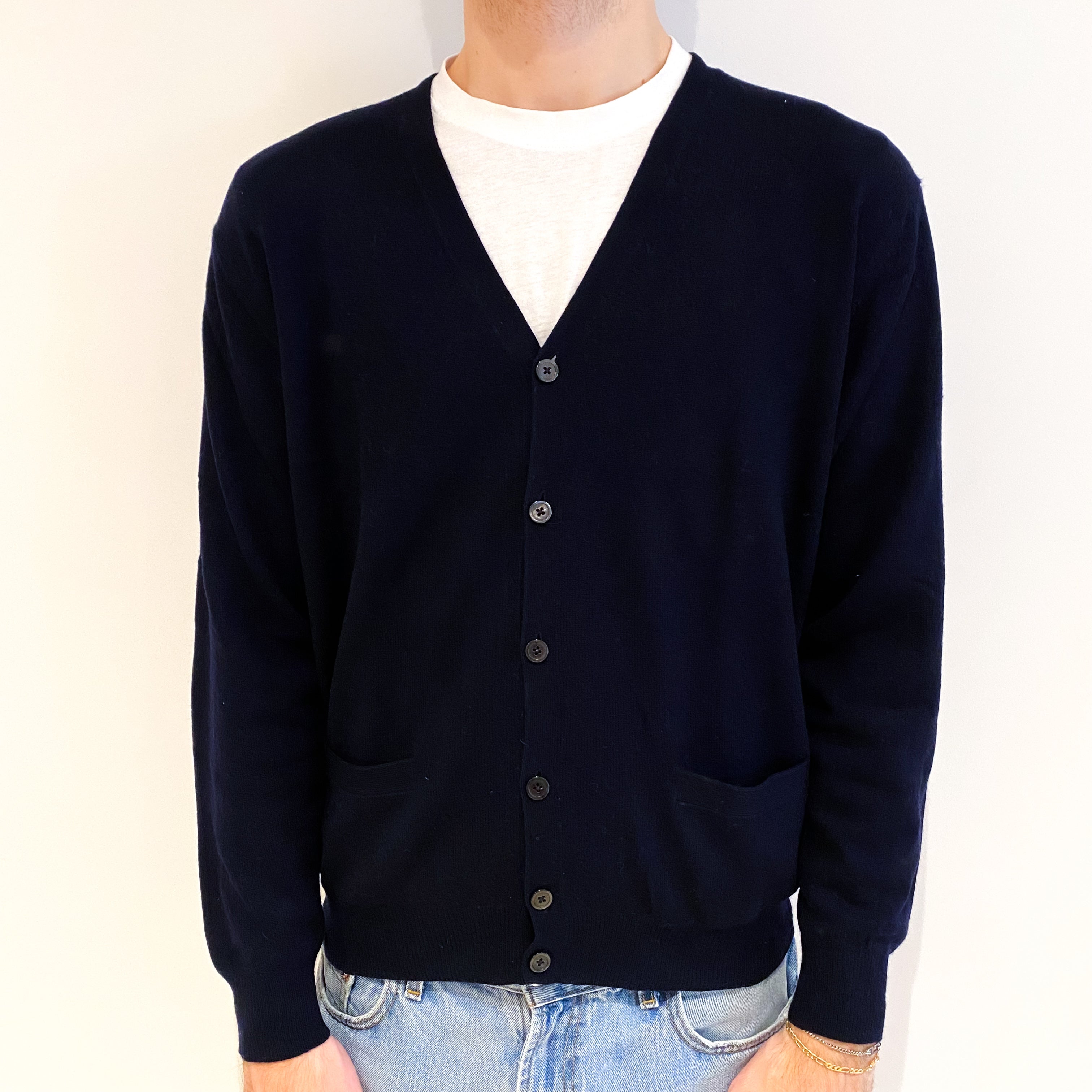 Men's Navy Blue Cashmere V Neck Cardigan Medium