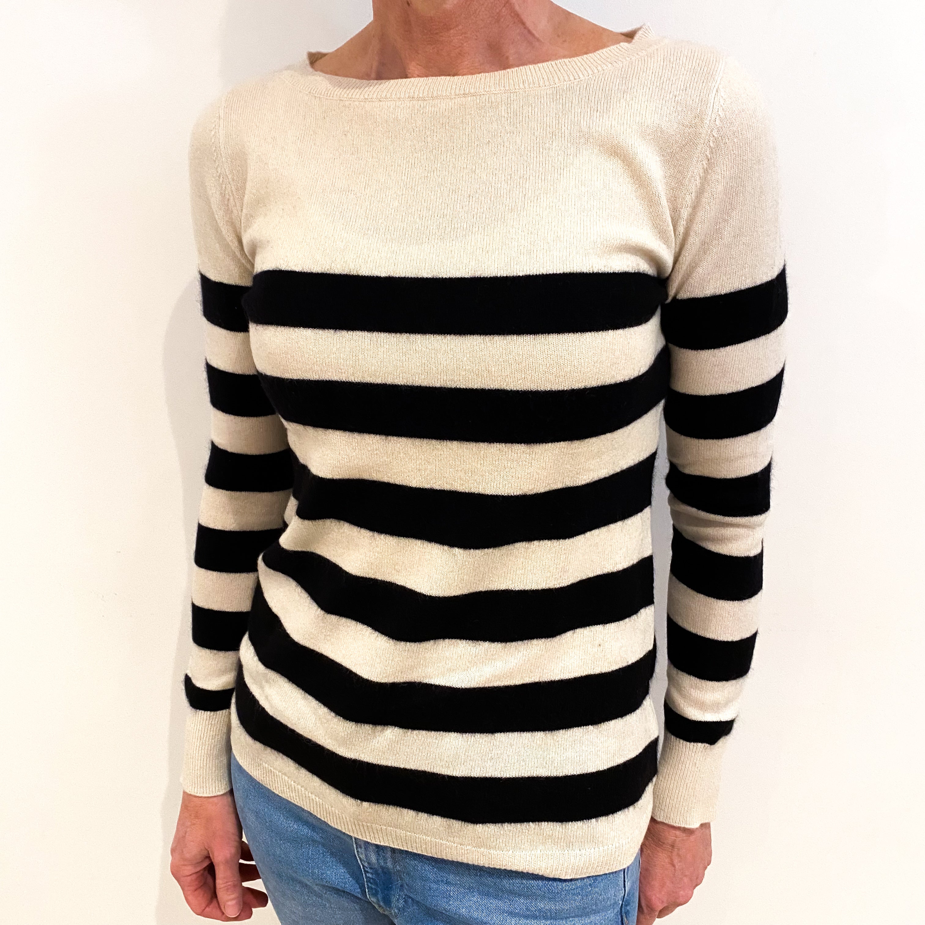 Cream And Black Striped Cashmere Crew Neck Jumper Small