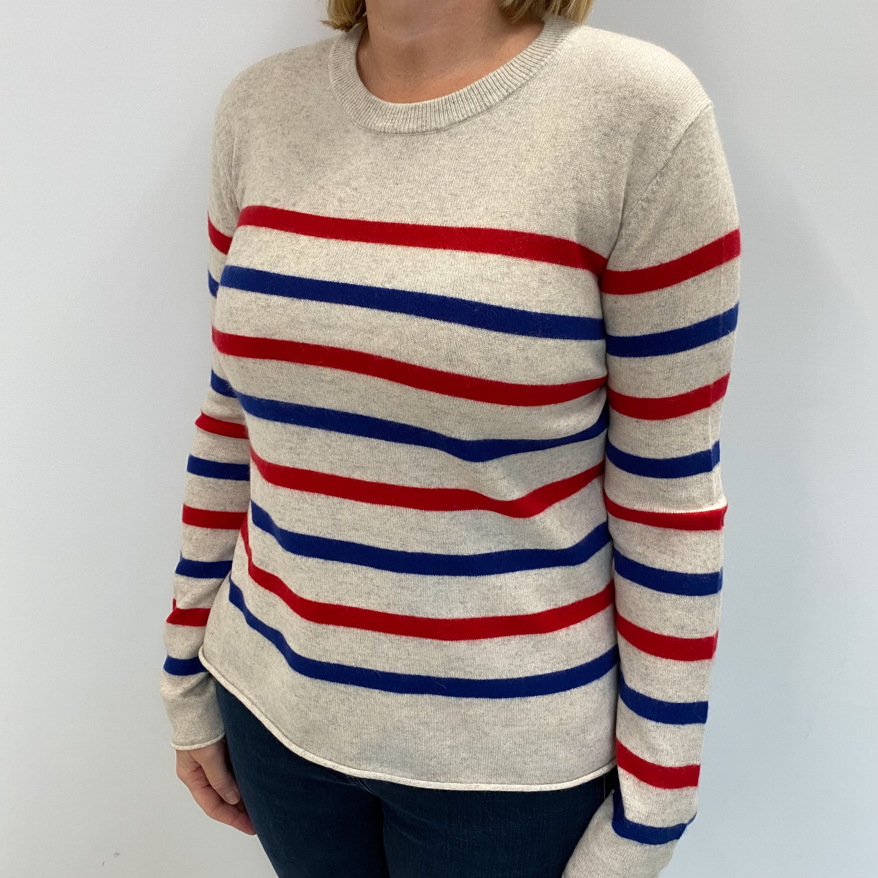 Ash Grey Striped Cashmere Crew Neck Jumper Large