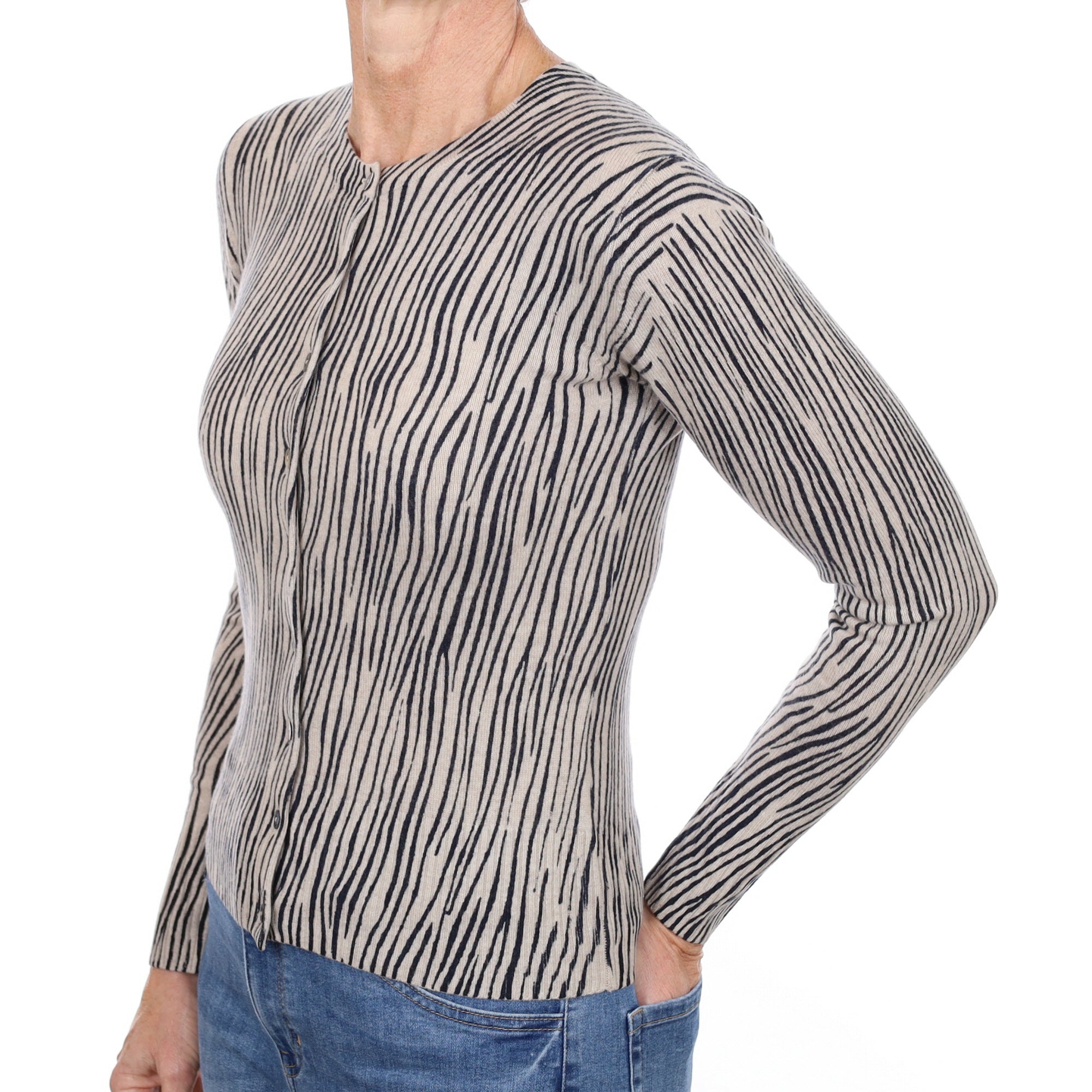 New Oatmeal and Black Pattern Cashmere Crew Neck Cardigan Small