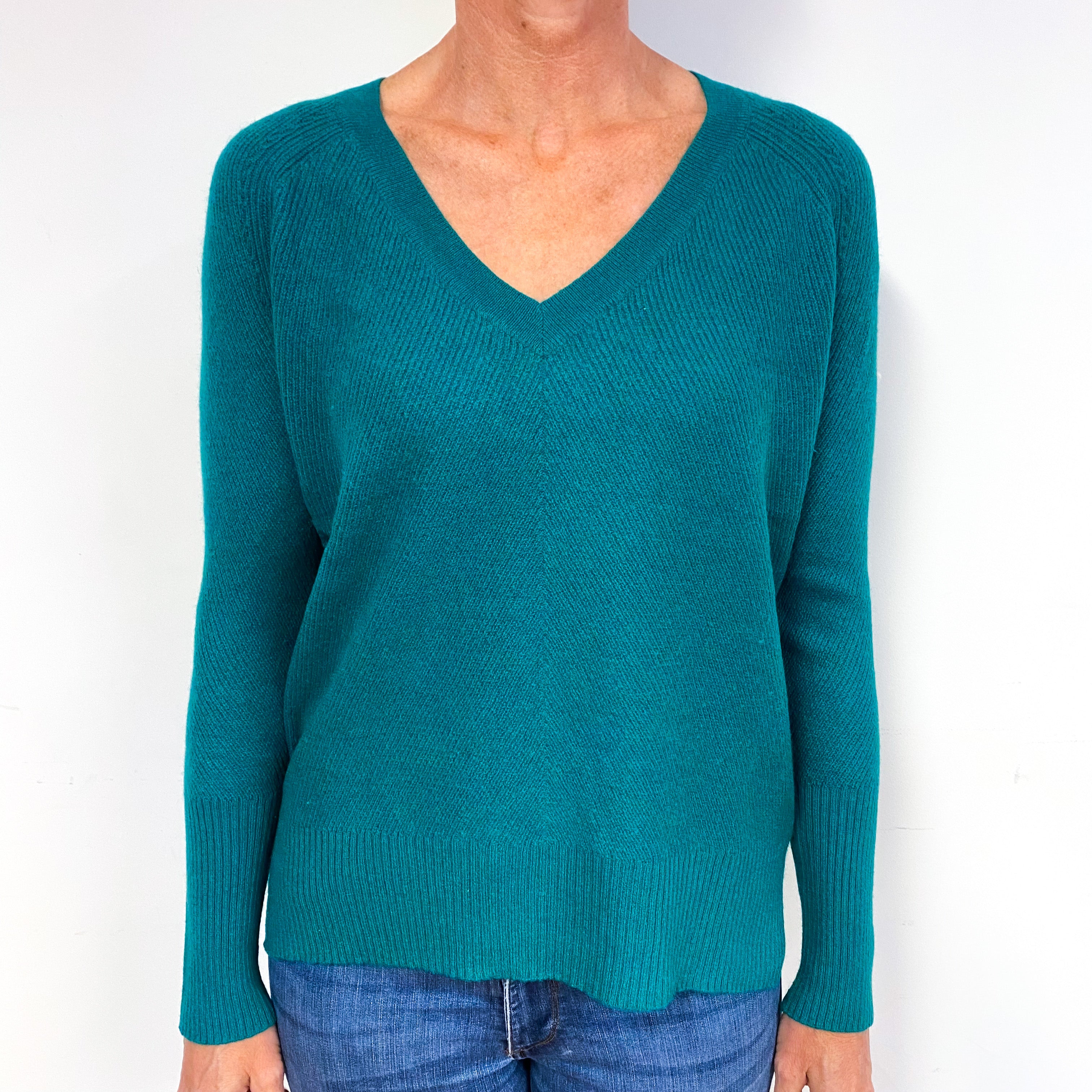 Emerald Green Ribbed Cashmere V-Neck Jumper Medium