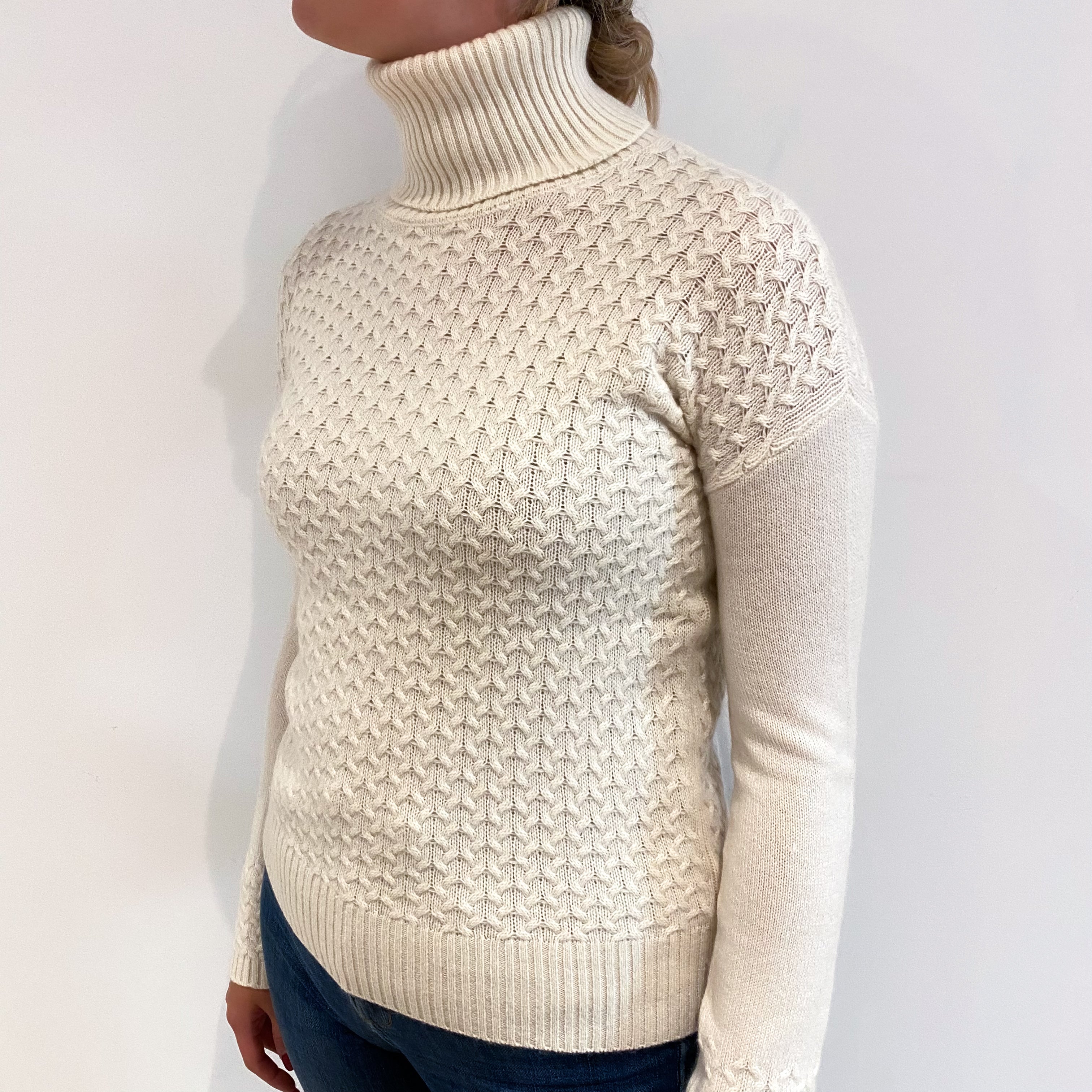 Vanilla Cream Cable Cashmere Polo Neck Jumper Small