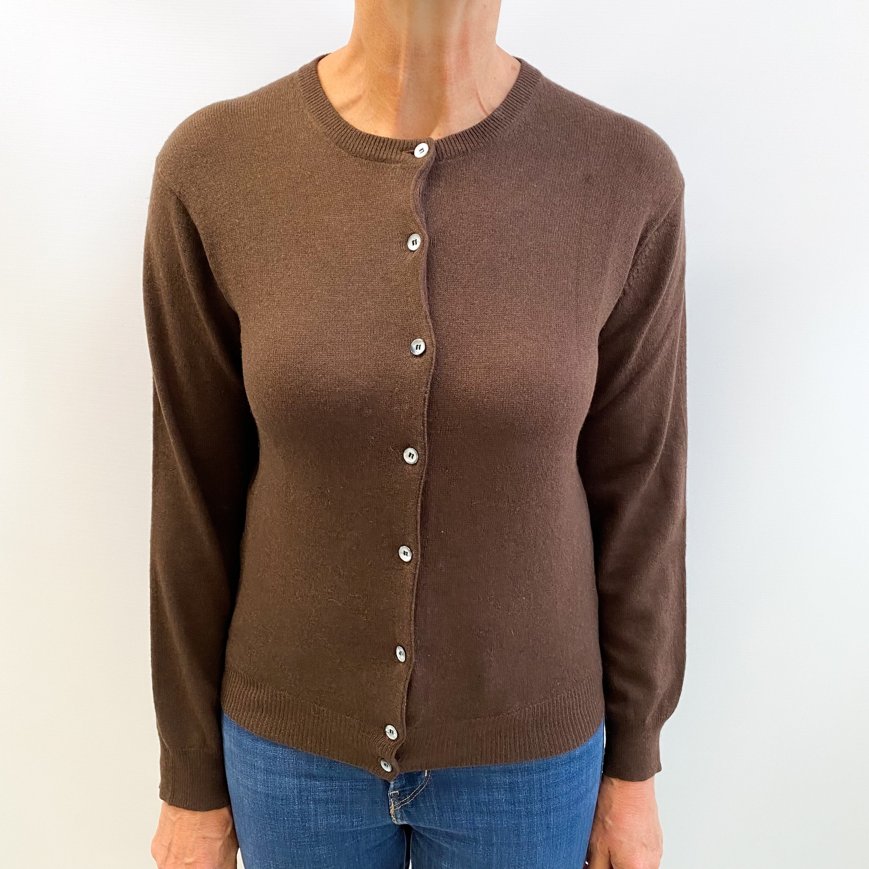 Chocolate Brown Cashmere Crew Neck Cardigan Medium