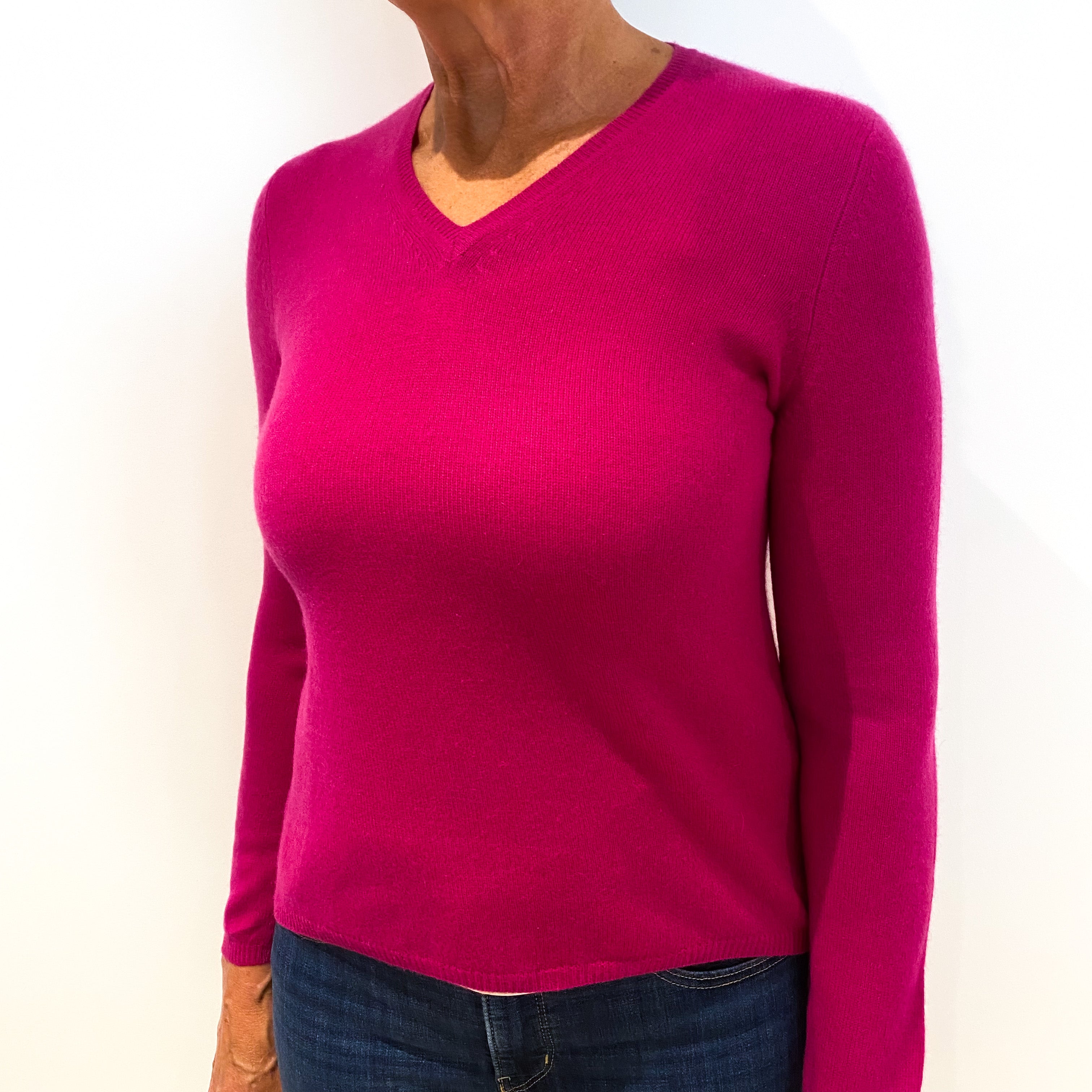 Magenta Pink Cashmere V-Neck Jumper Medium