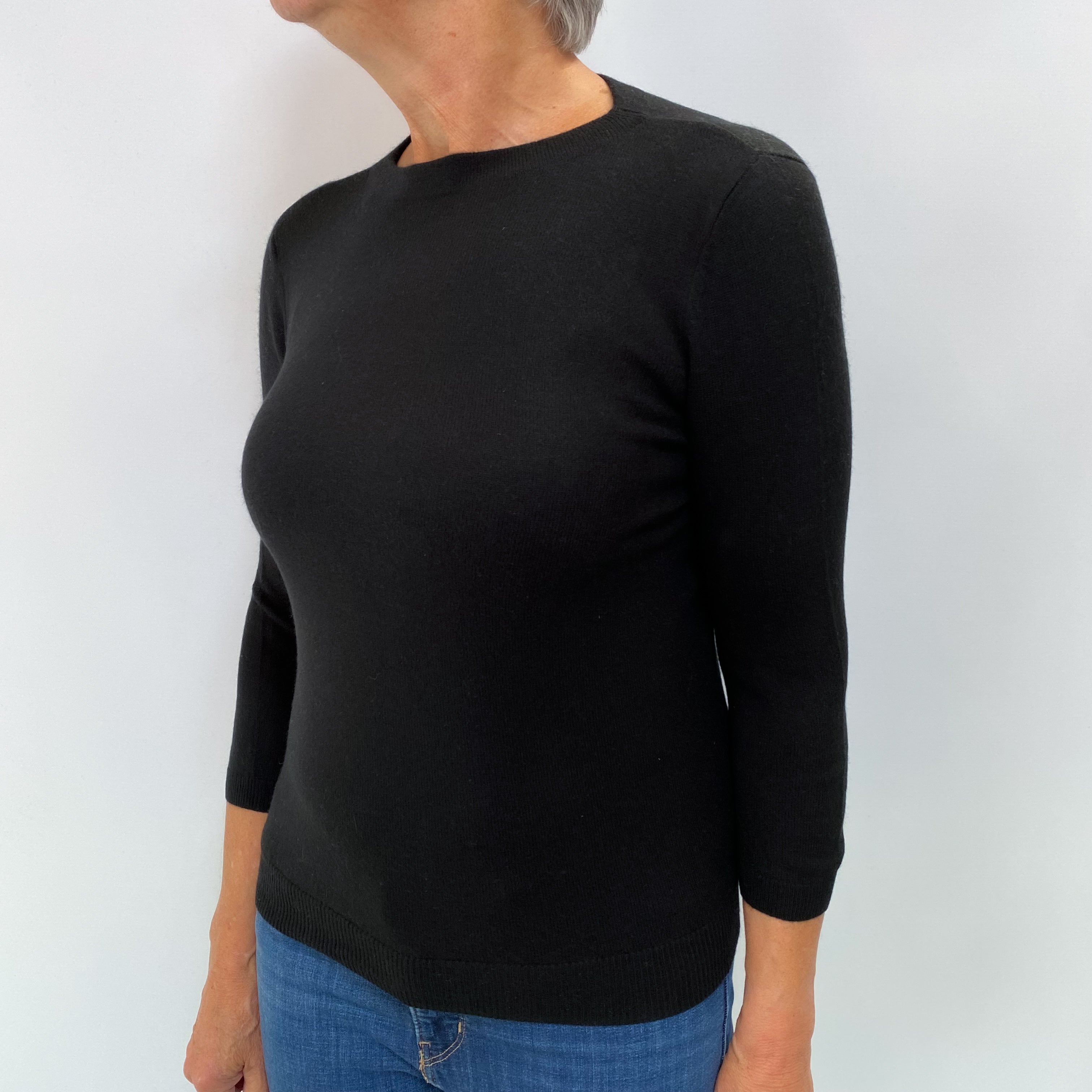 Black Cashmere Crew Neck 3/4 Sleeve Jumper Medium