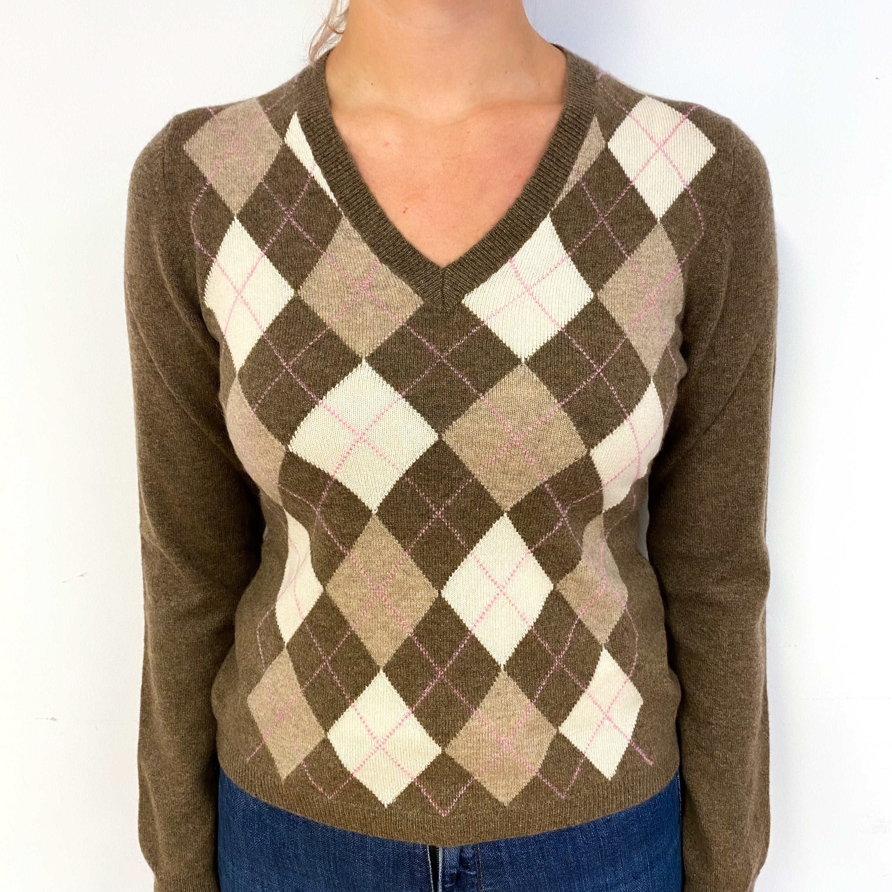Mocha Brown Diamond Cashmere V-Neck Jumper Small