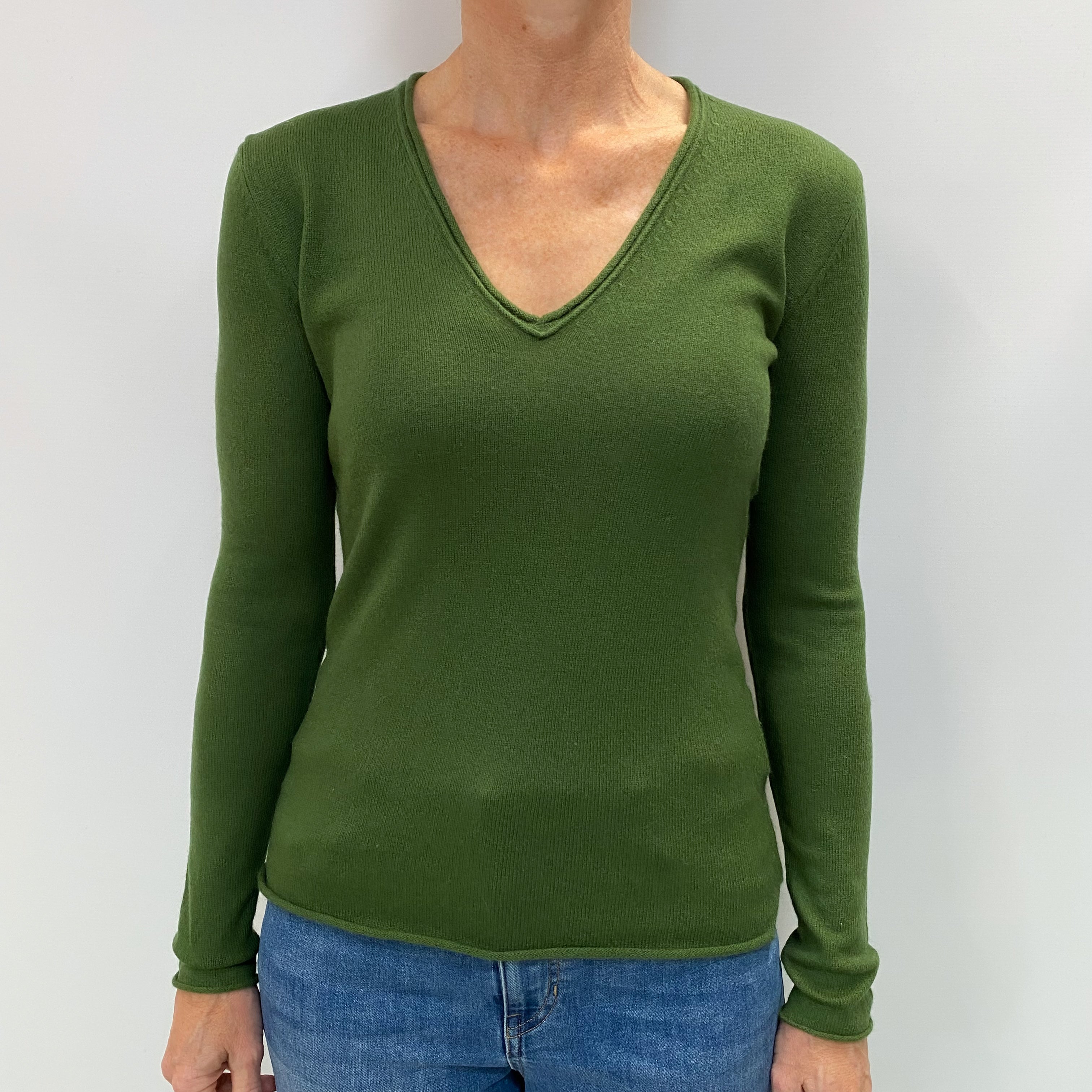 Fern Green Cashmere V Neck Jumper Small