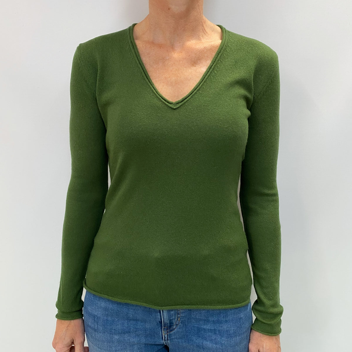Fern Green Cashmere V Neck Jumper Small