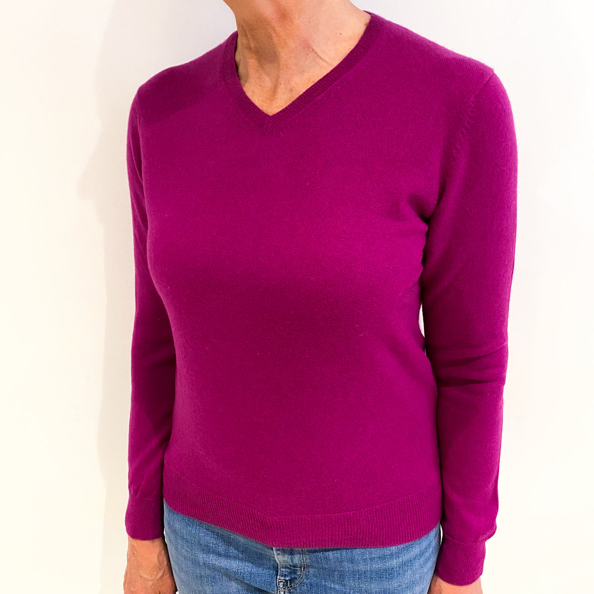 Magenta Pink Cashmere V Neck Jumper Medium