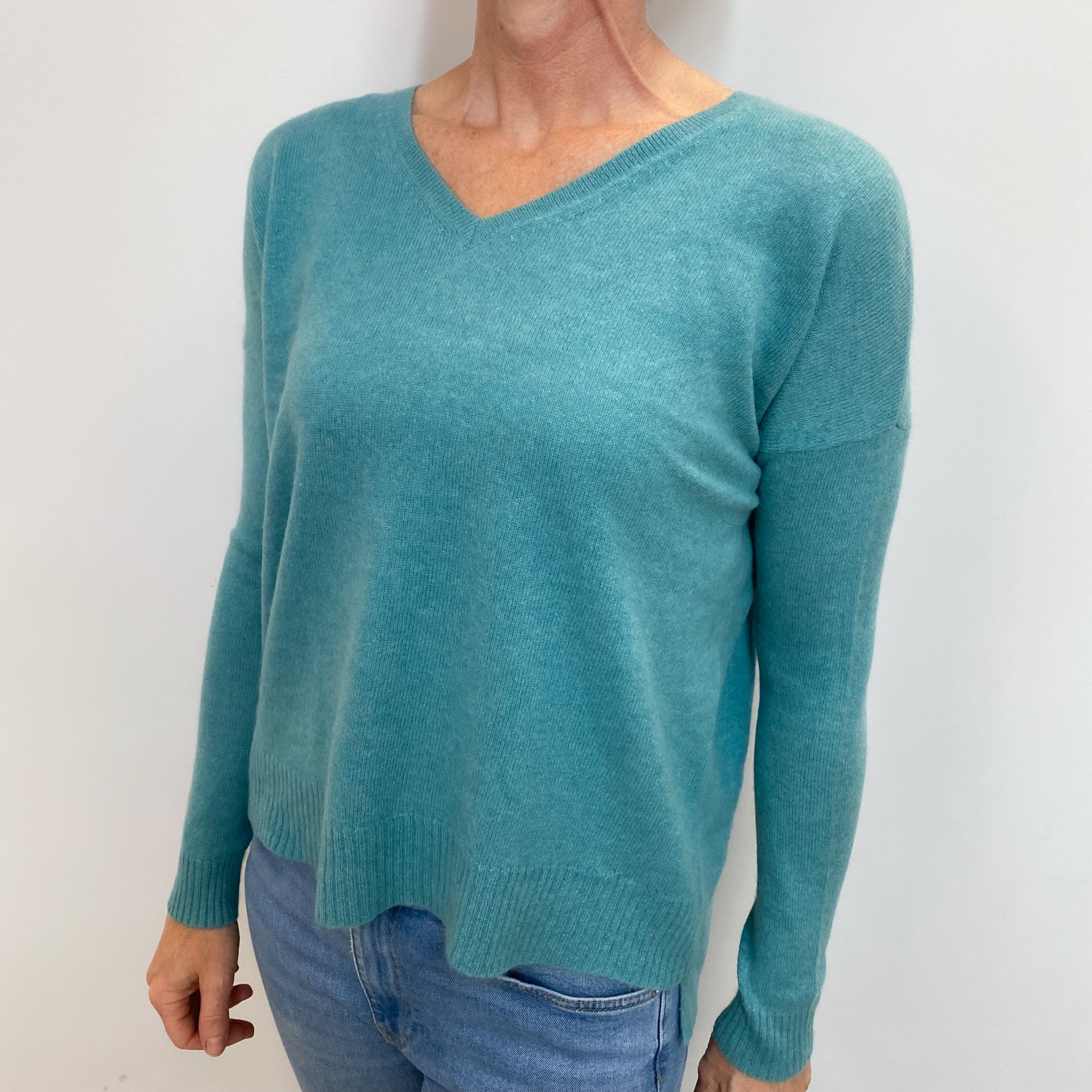 Sea Green Cashmere V Neck Jumper Small