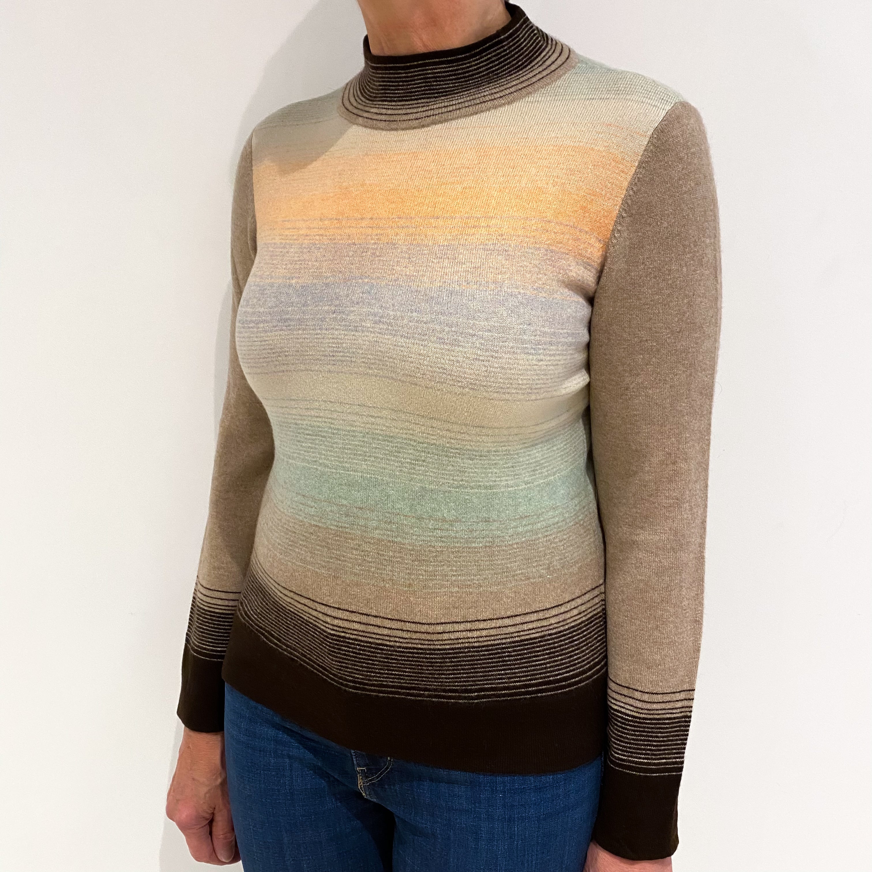 Toffee and Peppercorn Brown Striped Cashmere Turtle Neck Jumper Medium