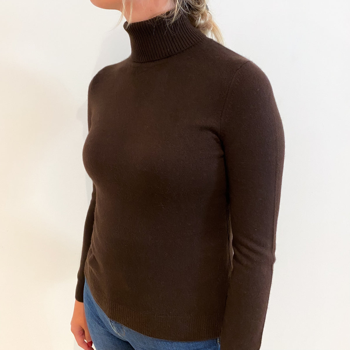 Chocolate Brown Cashmere Polo Neck Jumper Small
