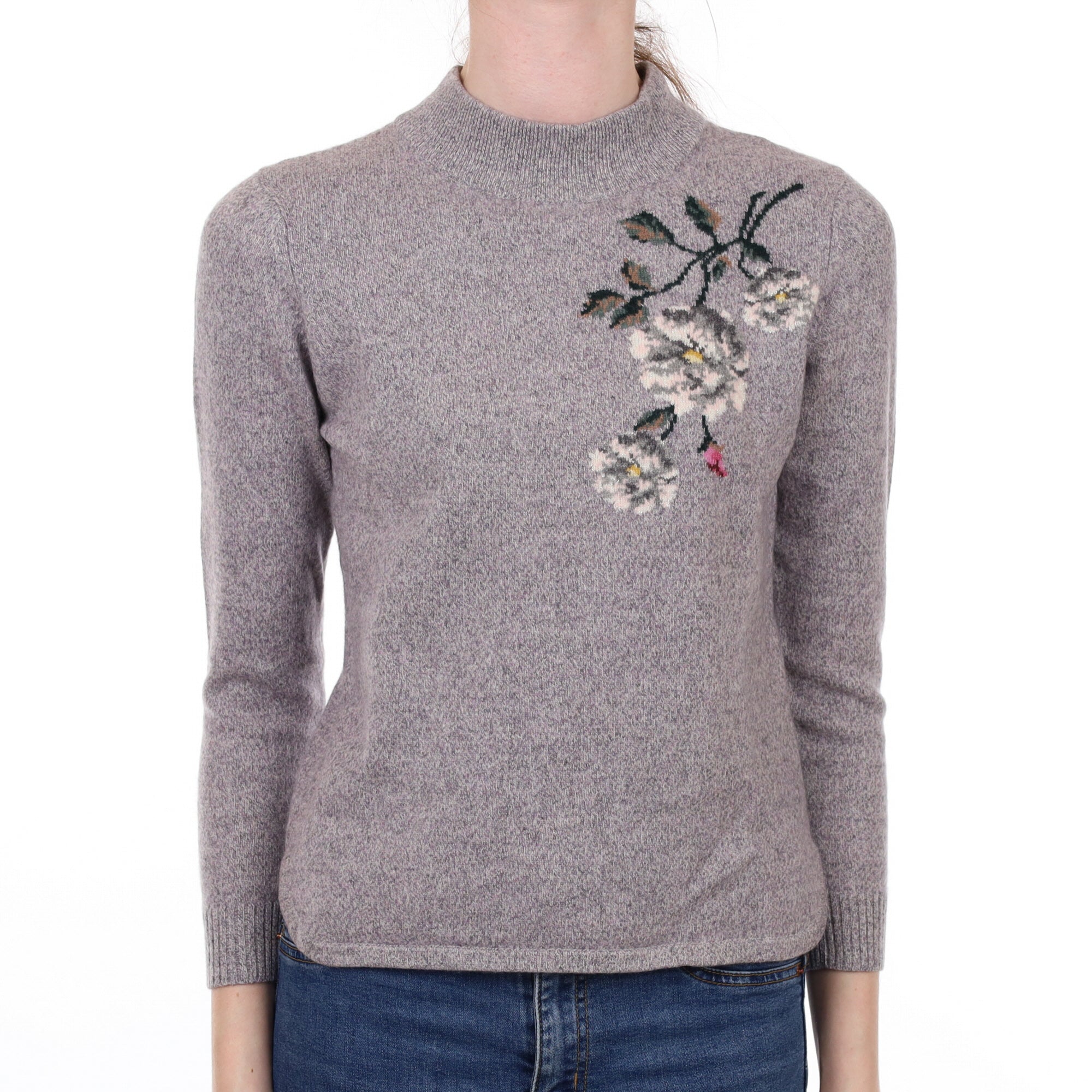 Oyster Marl Floral Cashmere Turtle Neck Jumper Extra Small
