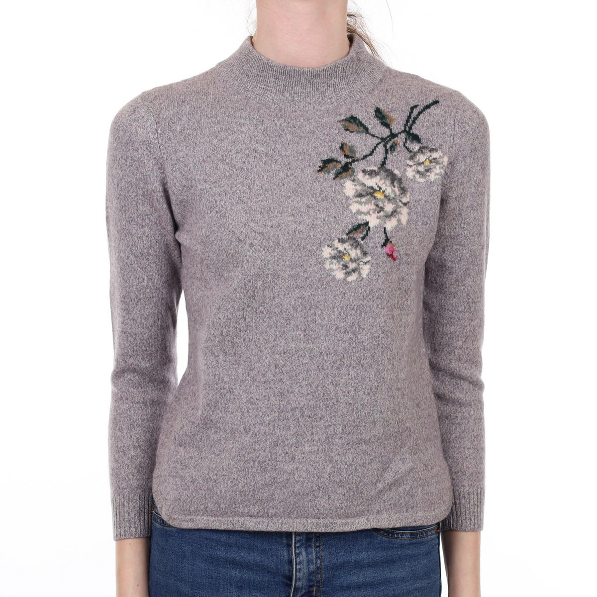 Oyster Marl Floral Cashmere Turtle Neck Jumper Extra Small