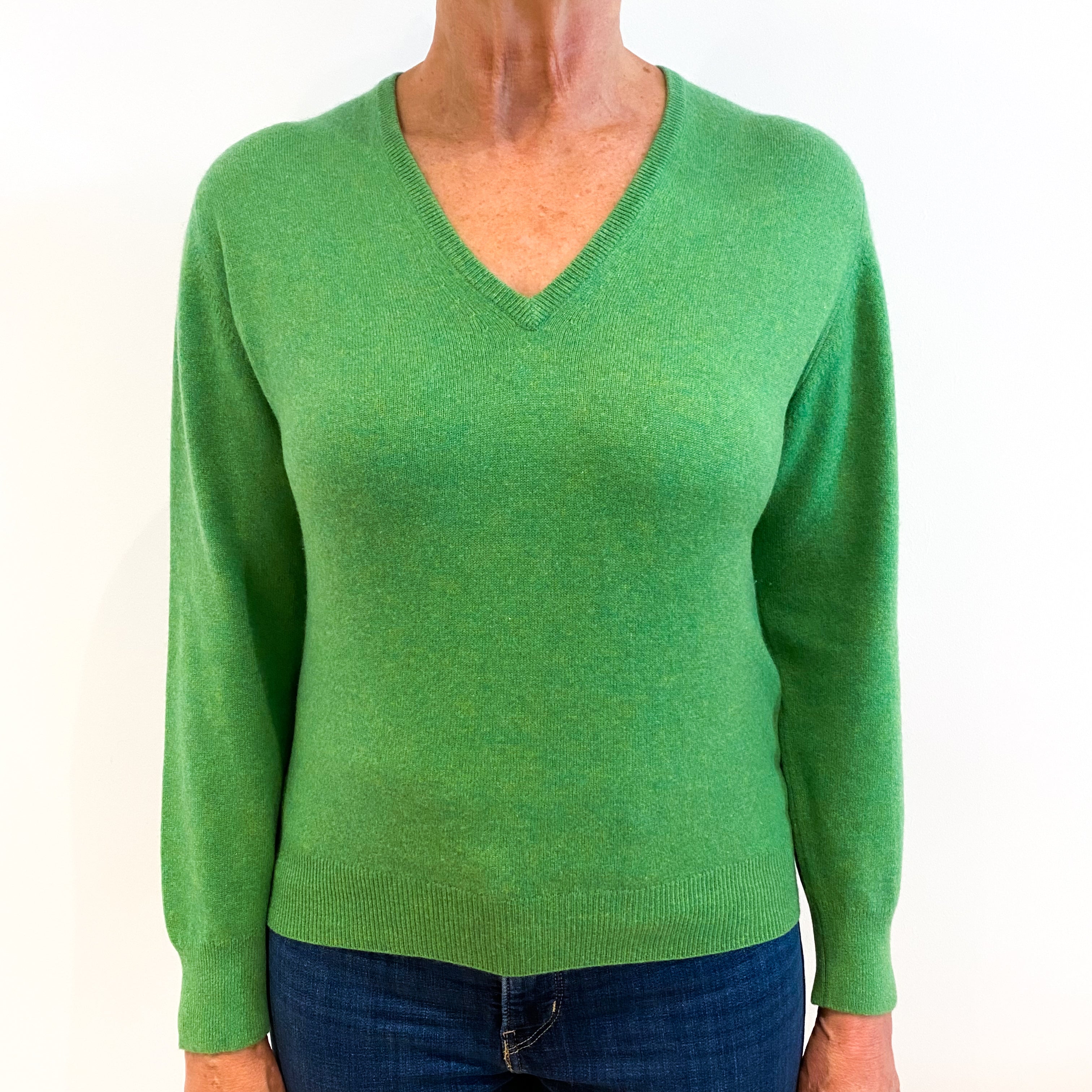 Pea Green Cashmere V-Neck Jumper Medium