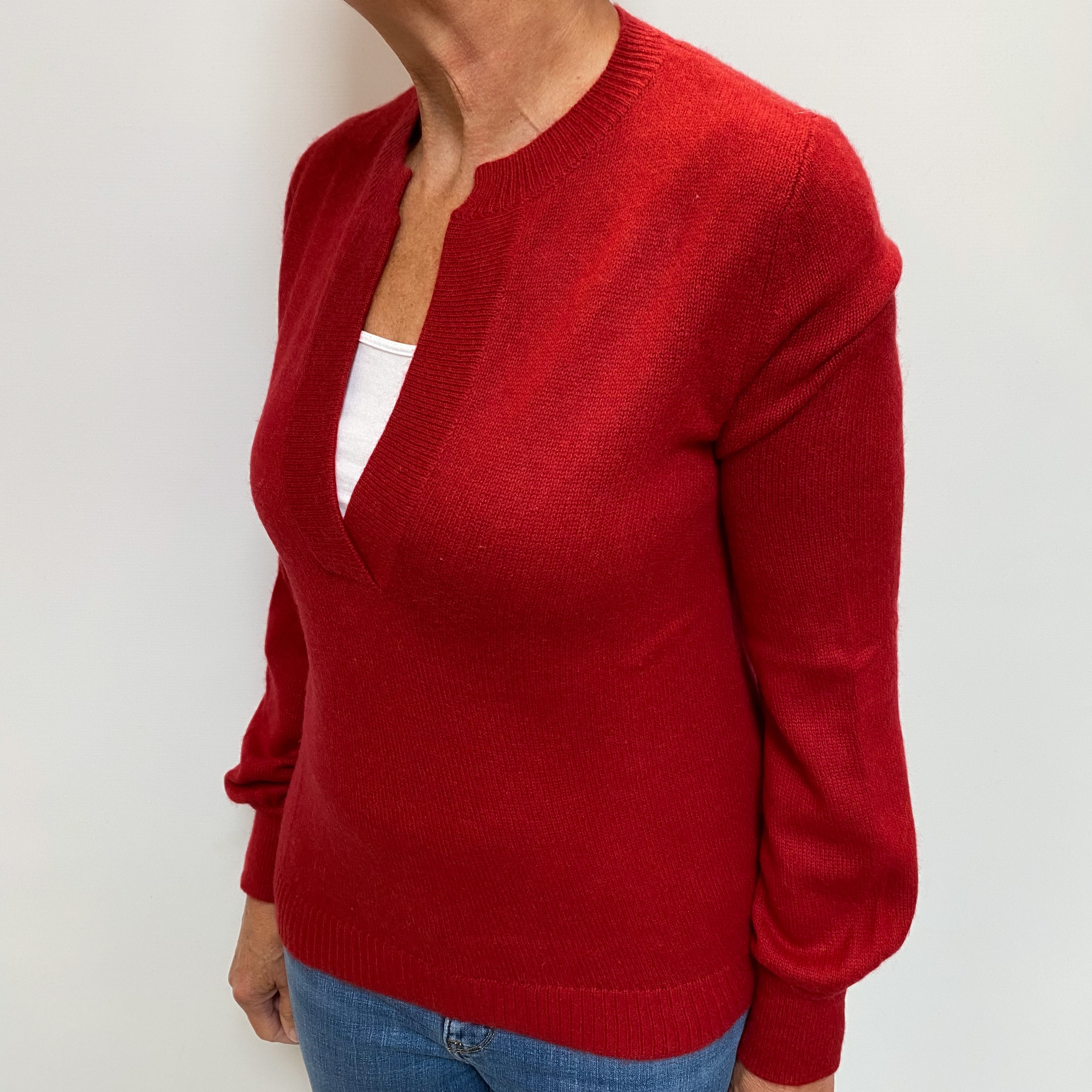 Crimson Red Cashmere Notch V Neck Jumper Medium