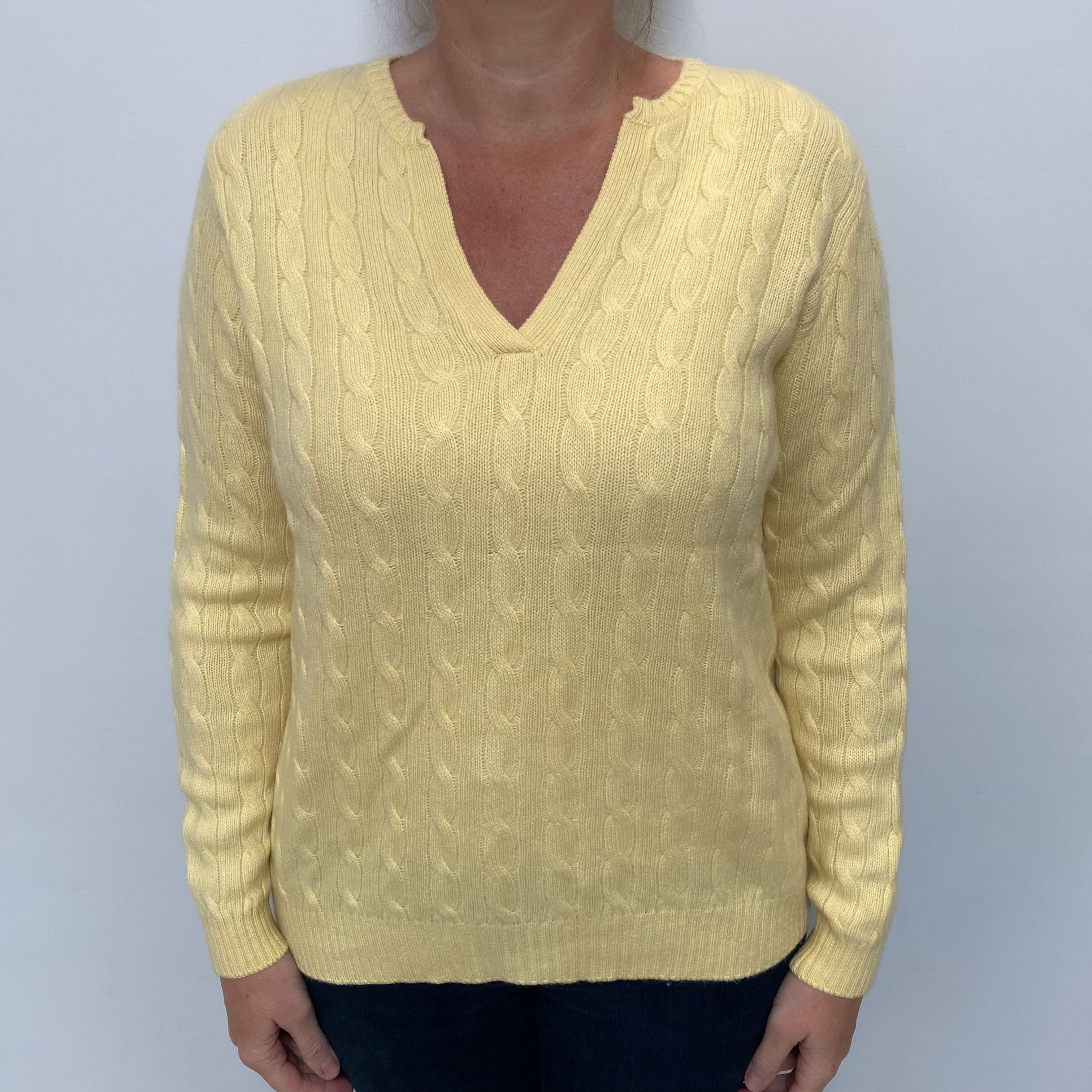 Primrose Yellow Cable Cashmere Notch Neck Jumper Large
