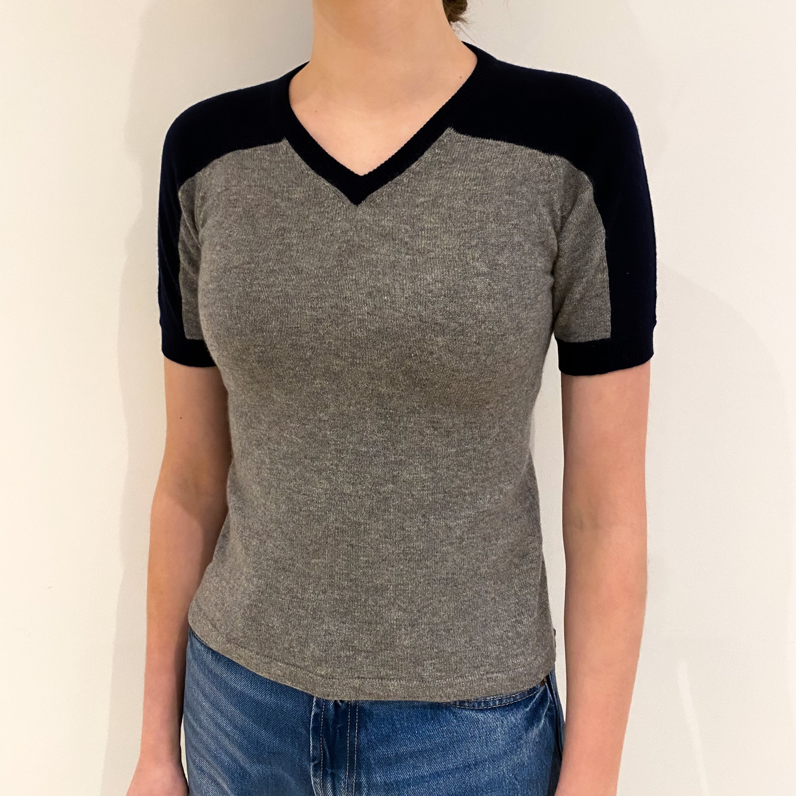 Ash Grey and Navy Cashmere Short Sleeve V Neck Jumper Extra Small