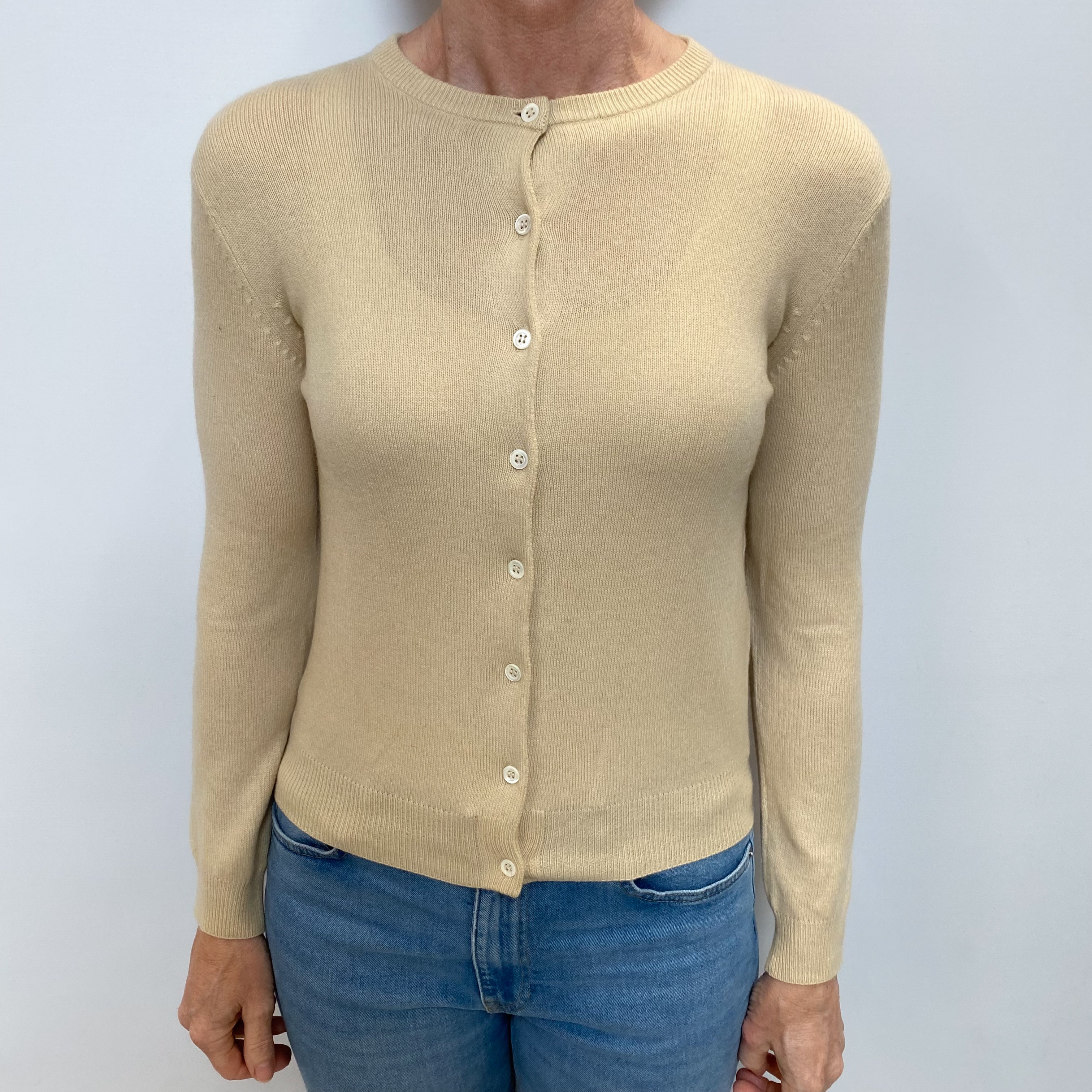 Sand Beige Cashmere Crew Neck Cardigan Small