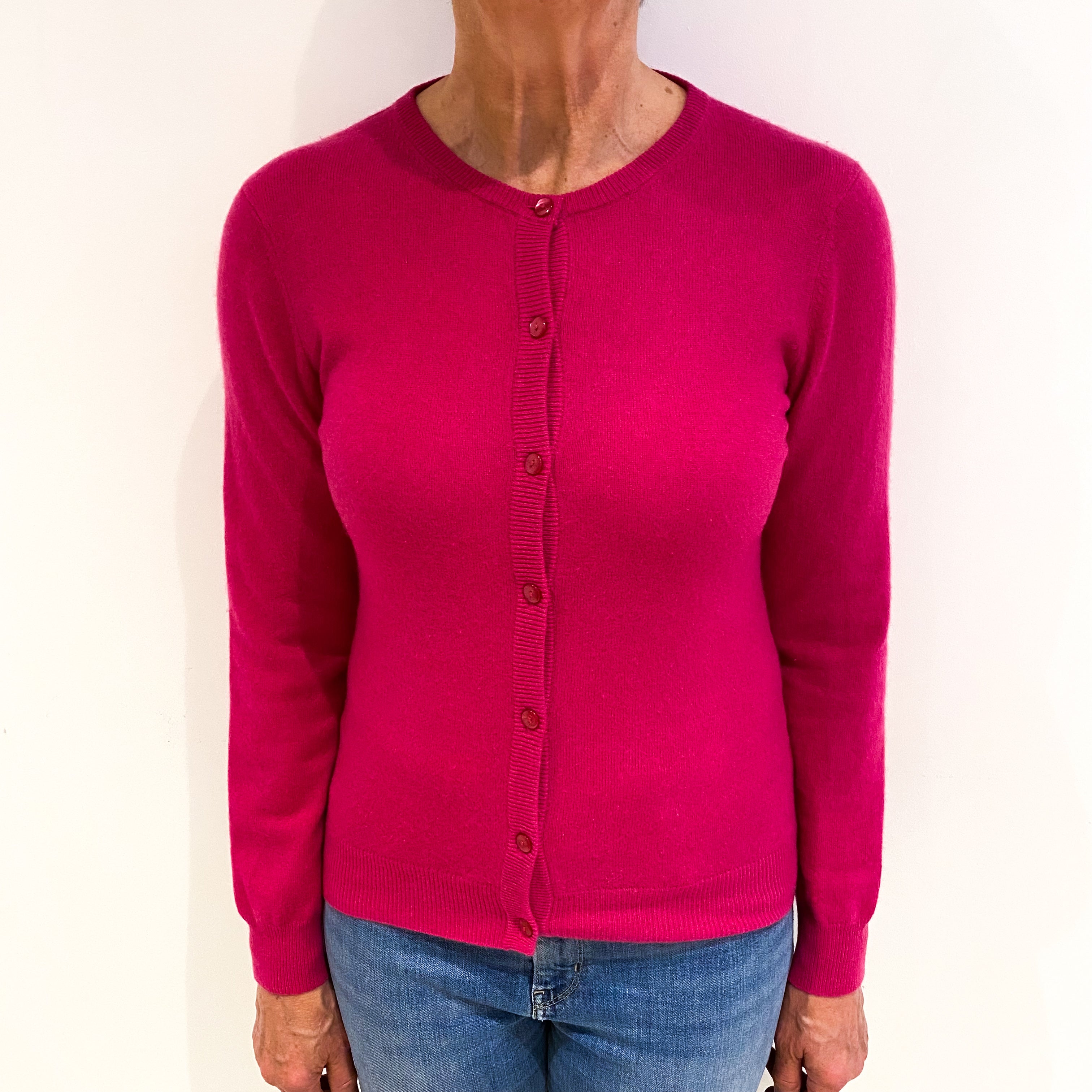 Fuchsia Pink Cashmere Crew Neck Cardigan Medium