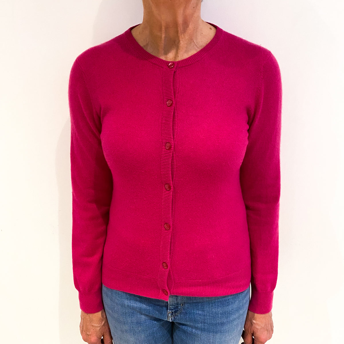 Fuchsia Pink Cashmere Crew Neck Cardigan Medium