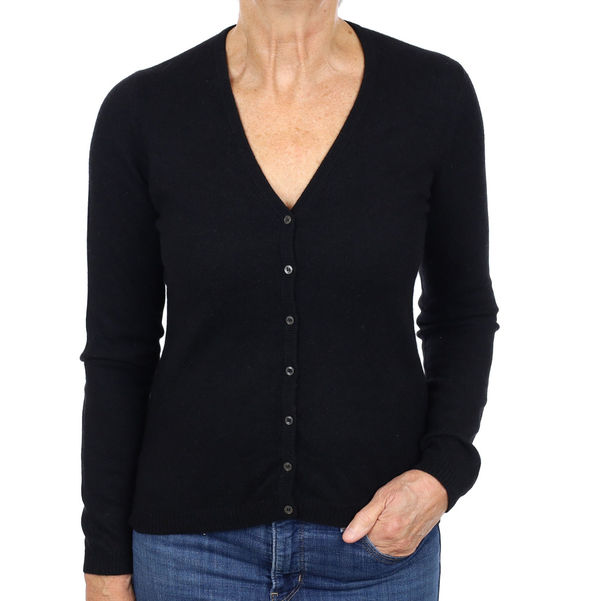 Black Cashmere V Neck Cardigan Medium