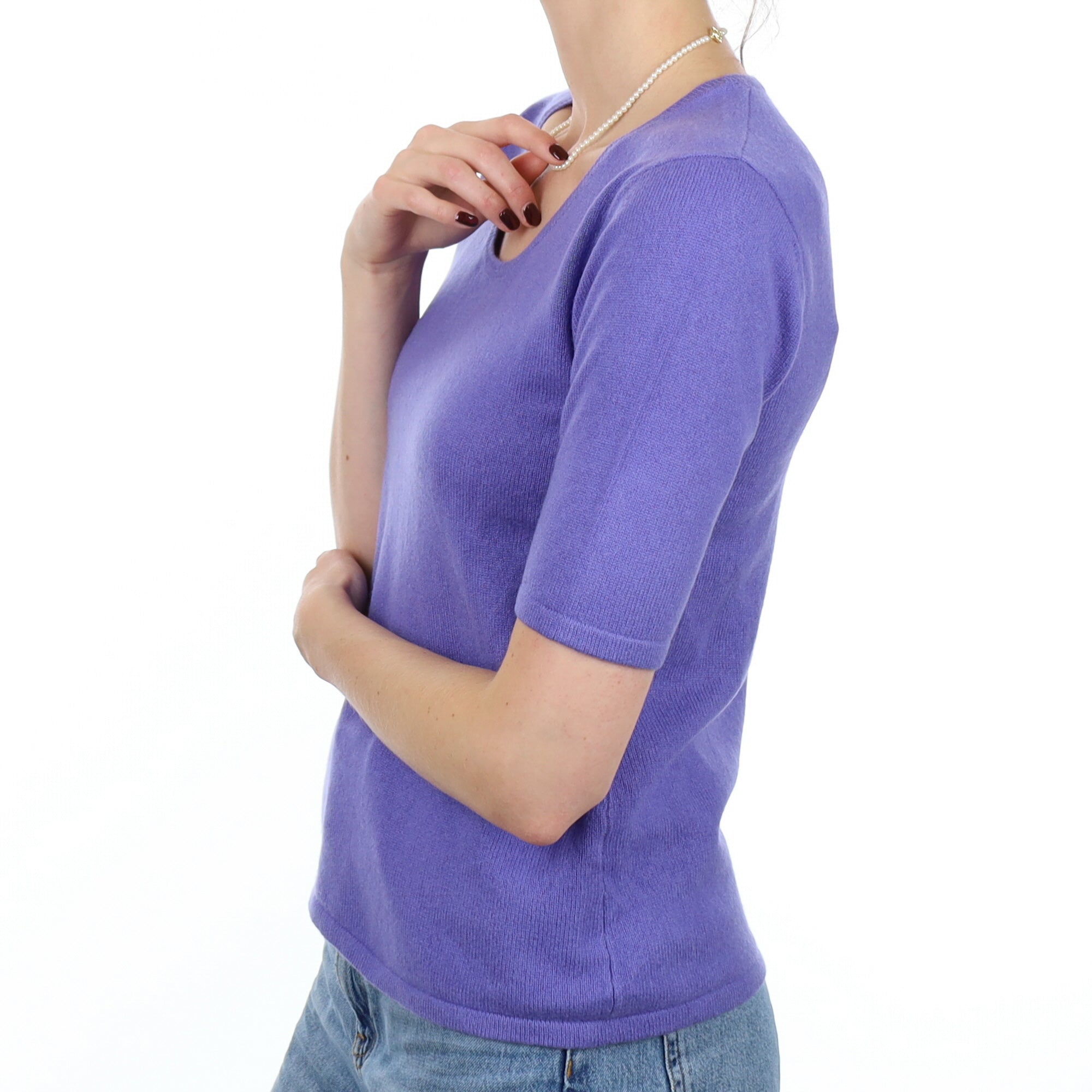 Bluebell Purple Cashmere Short Sleeve Scoop Neck Jumper Small